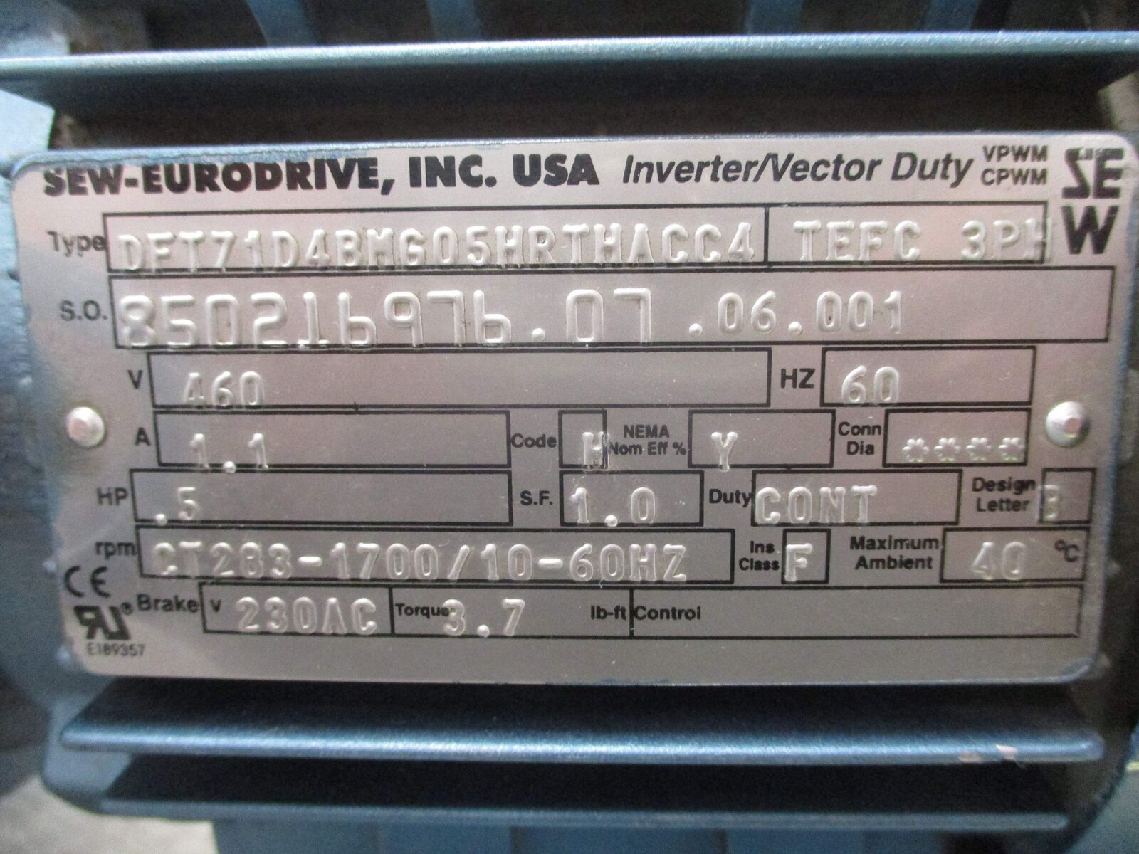 Sew-Eurodrive Gearmotor DFT71D4BMG05HRTHACC4 .5HP 460V 1800RPM TEFC Enclosure 1.