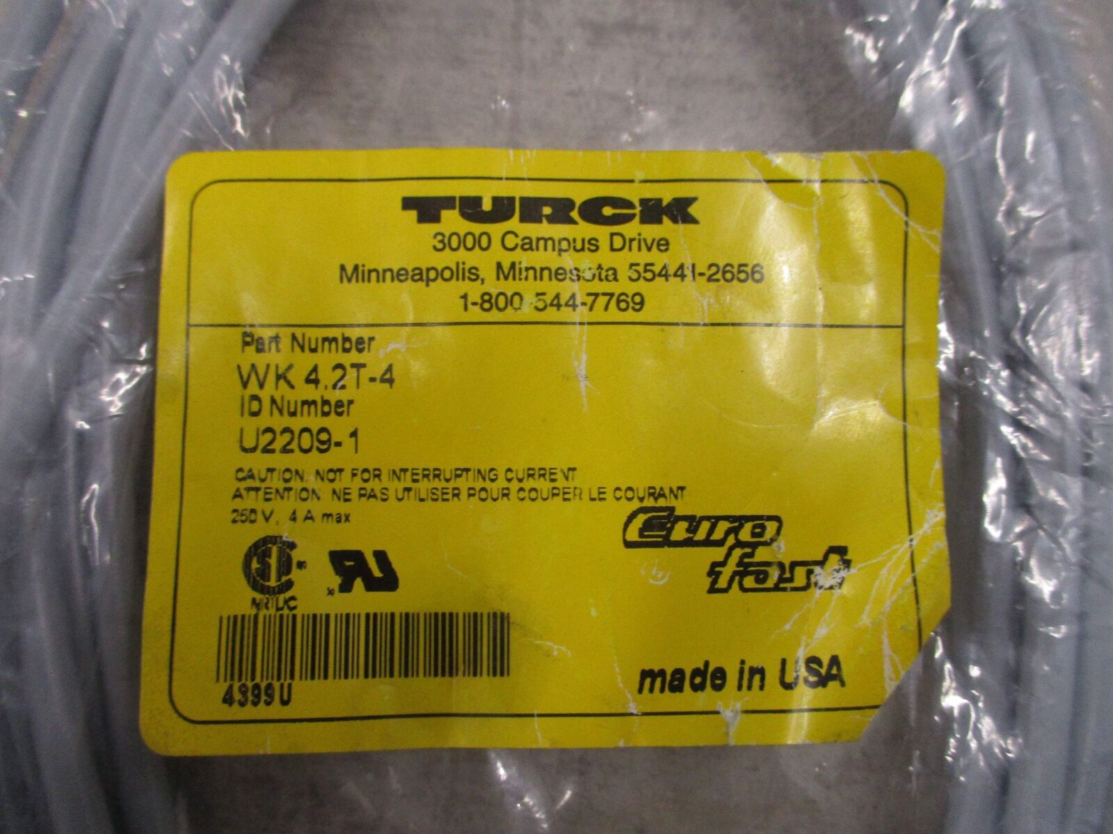 Turck Euro Fast Cordset WK 4.2T-4 250V 4A New Surplus
