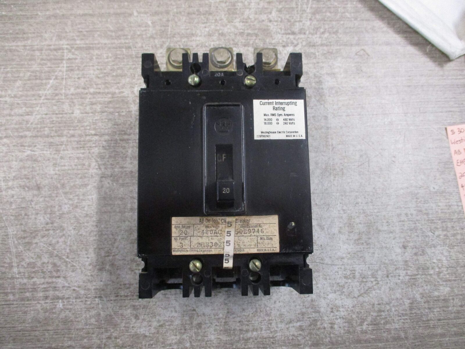 Westinghouse AB De-ion Circuit Breaker EHB3020 20A 480V 3P Used