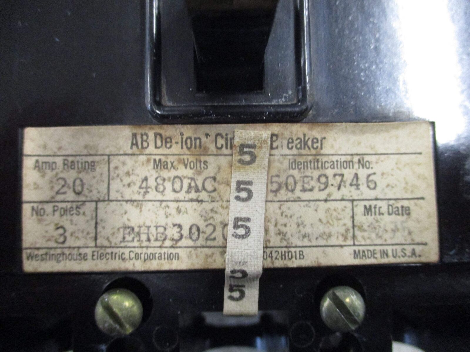 Westinghouse AB De-ion Circuit Breaker EHB3020 20A 480V 3P Used