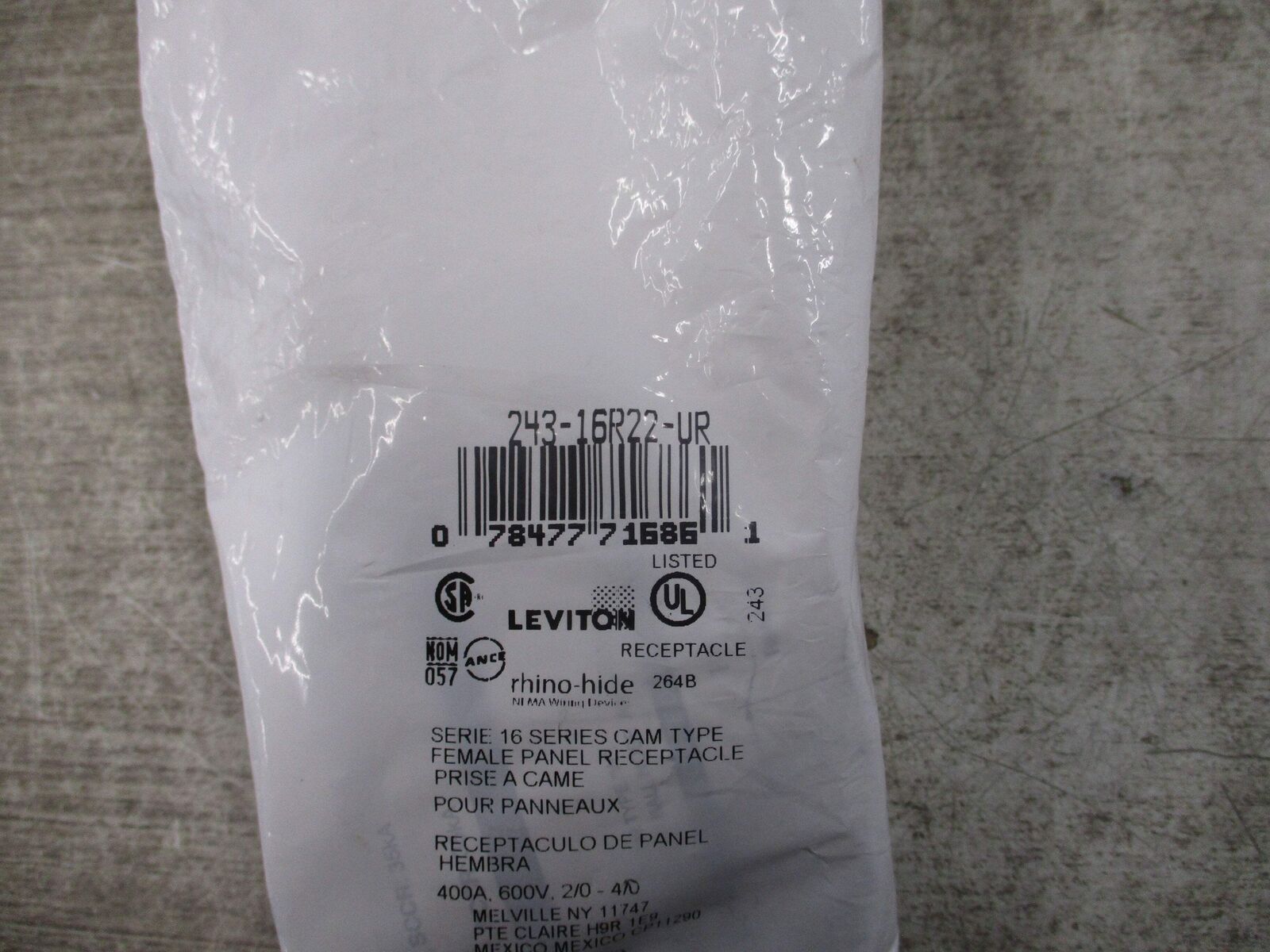 Leviton rhino-hide Cam Type Female Panel Receptacle 243-16R22-UR 400A 600V New S