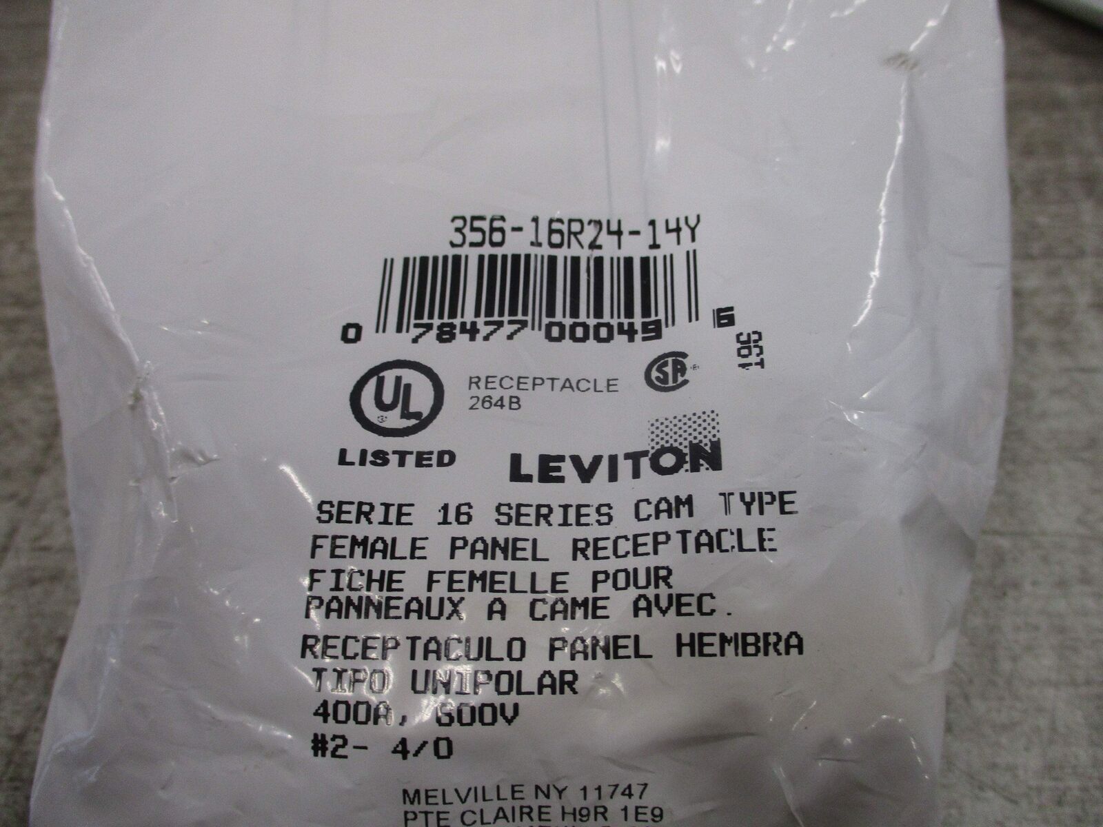 Leviton Cam Type Female Panel Receptacle 356-16R24-14Y 400A 600V New Surplus