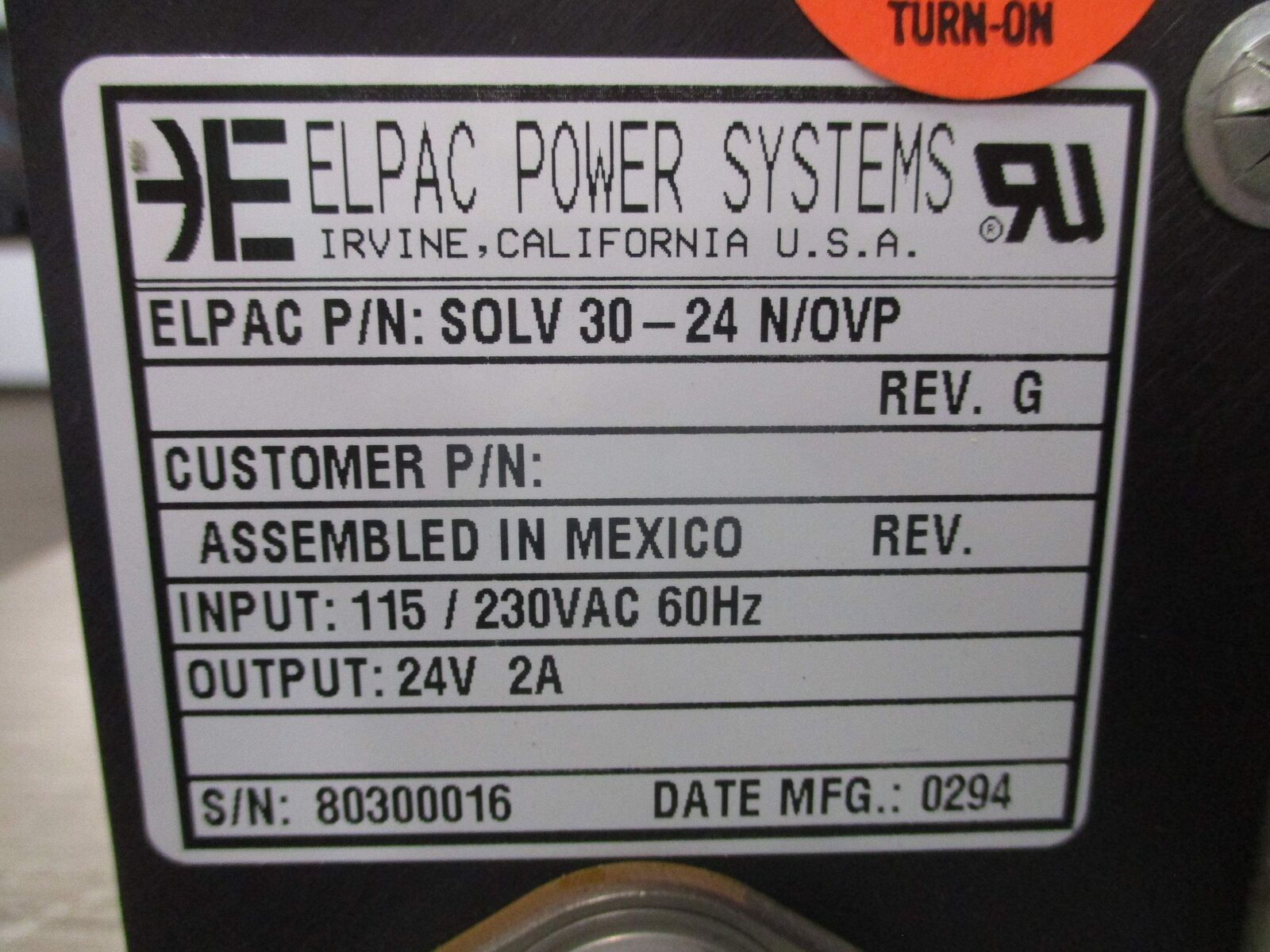 Elpac Power Systems Power Supply SOLV 30-24 N/OVP Rev. G Input: 115/230VAC 60Hz