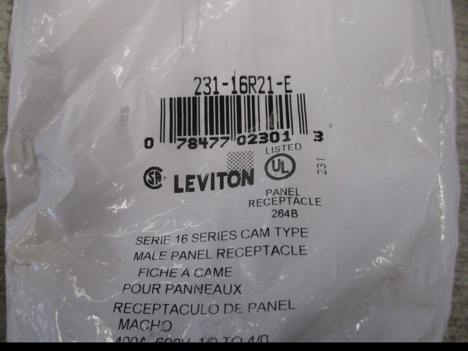 Leviton Male Panel Receptacle 231-16R21-E 400A 600V New Surplus