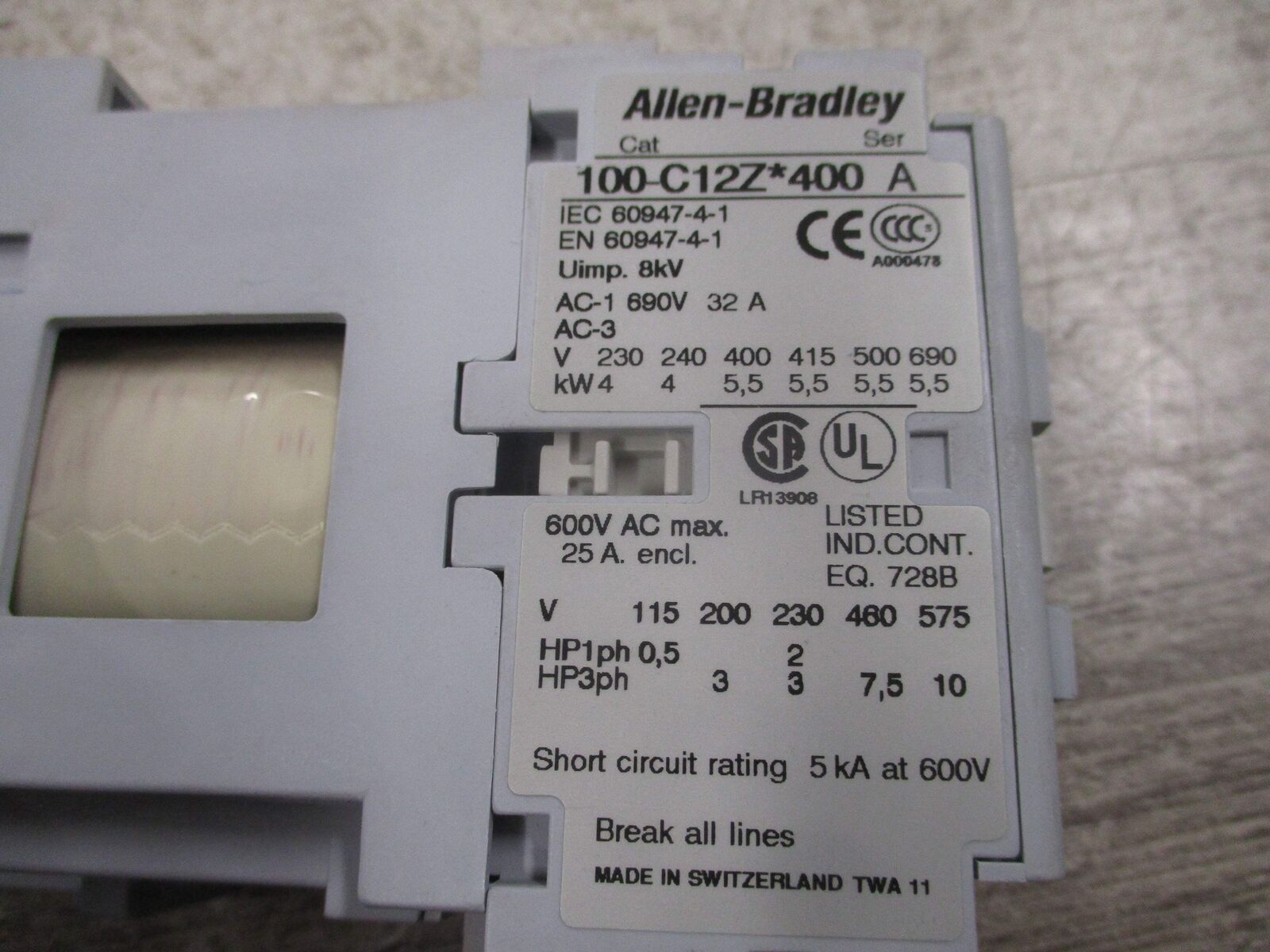 Allen- Bradley Contactor 100-C12Z*400 Ser. A 110VDC Coil 25A 600V Used