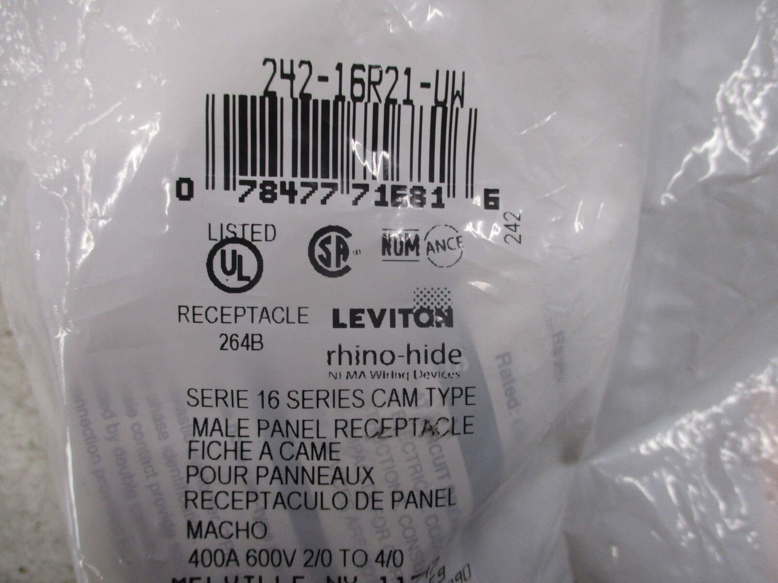 Leviton rhino-hide Male Panel Receptacle 242-16R21-UW 400A 600V New Surplus