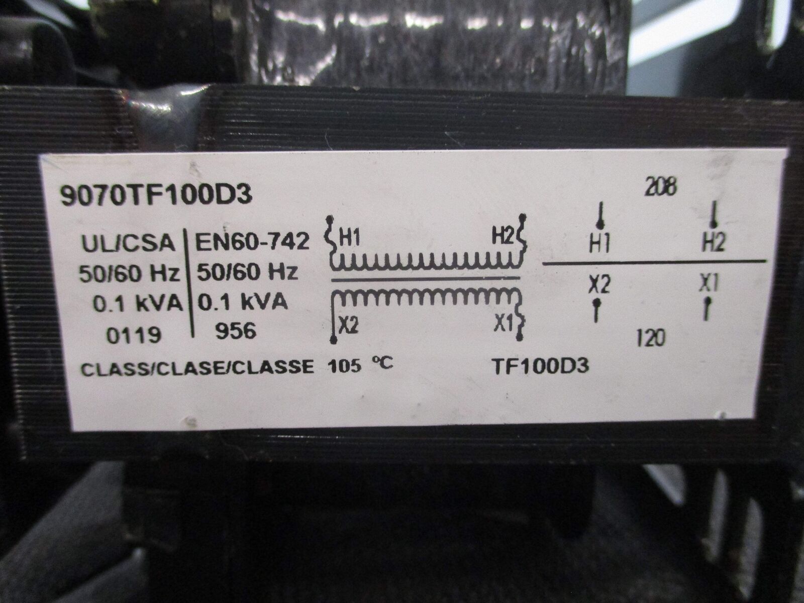 Square D Transformer 9070TF100D3 0.1KVA Pri: 208V Sec: 120V 50/60Hz Used