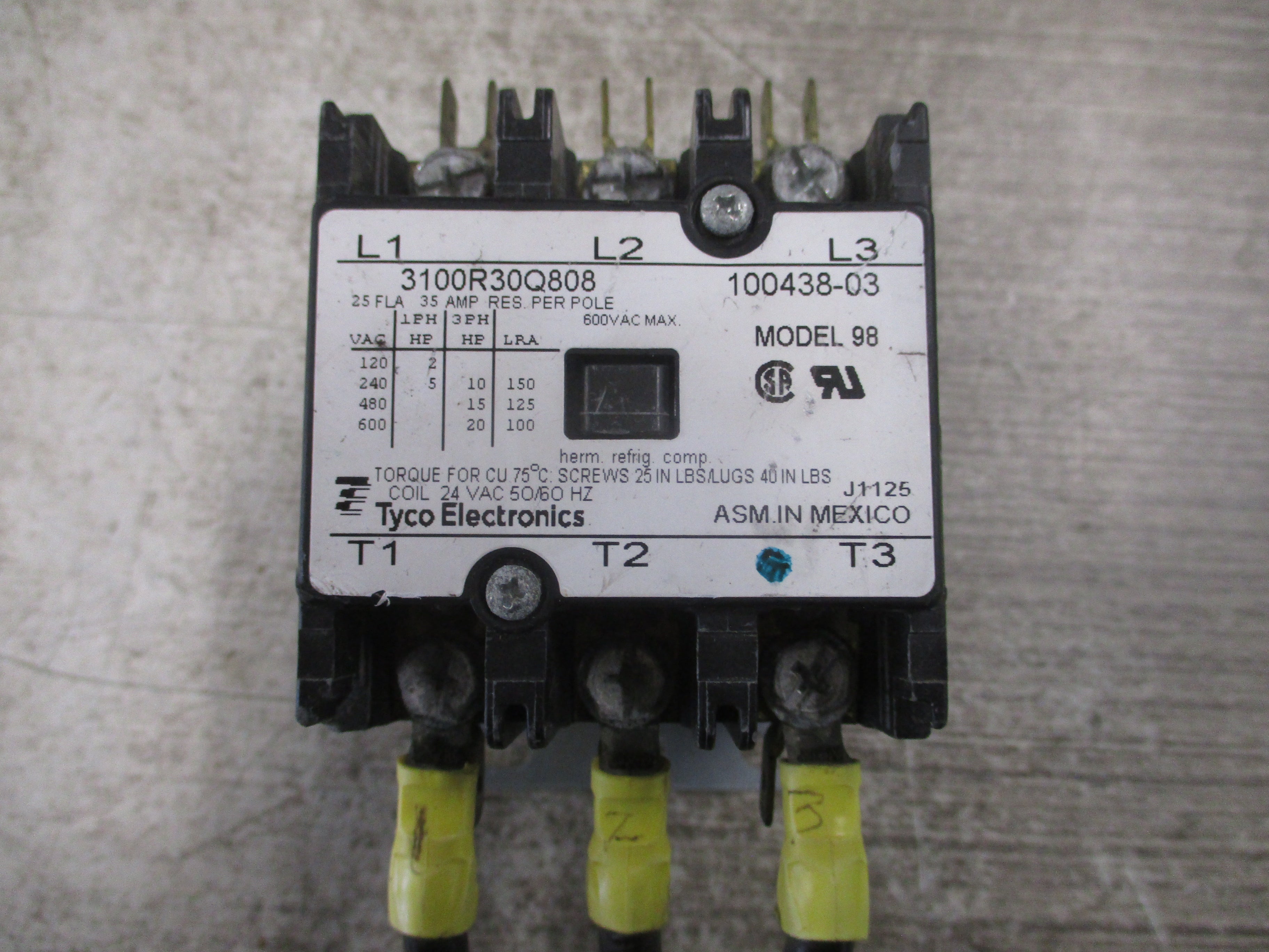 Tyco Model 98 Contactor 3100R30Q808 24V Coil 25A 600V Used