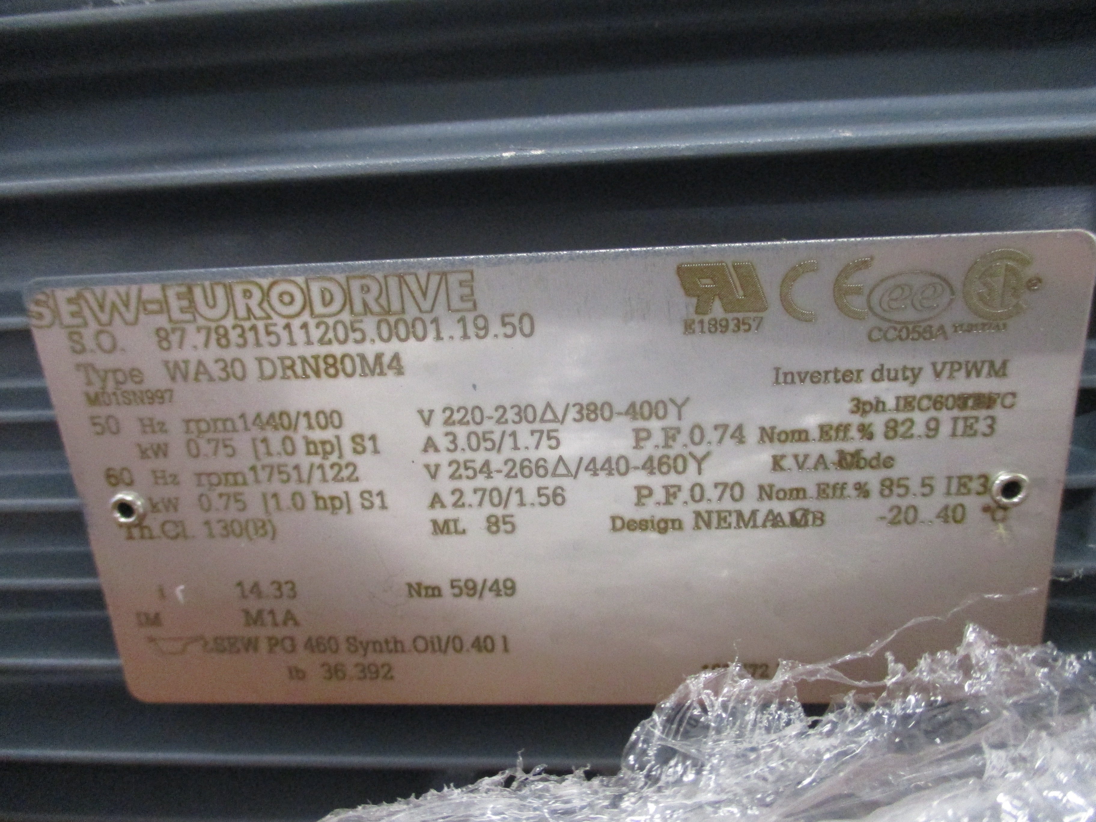 Sew-Eurodrive Gearmotor WA30 DRN80M4 M01SN997 1HP Ratio 14.33:1 122RPM Output