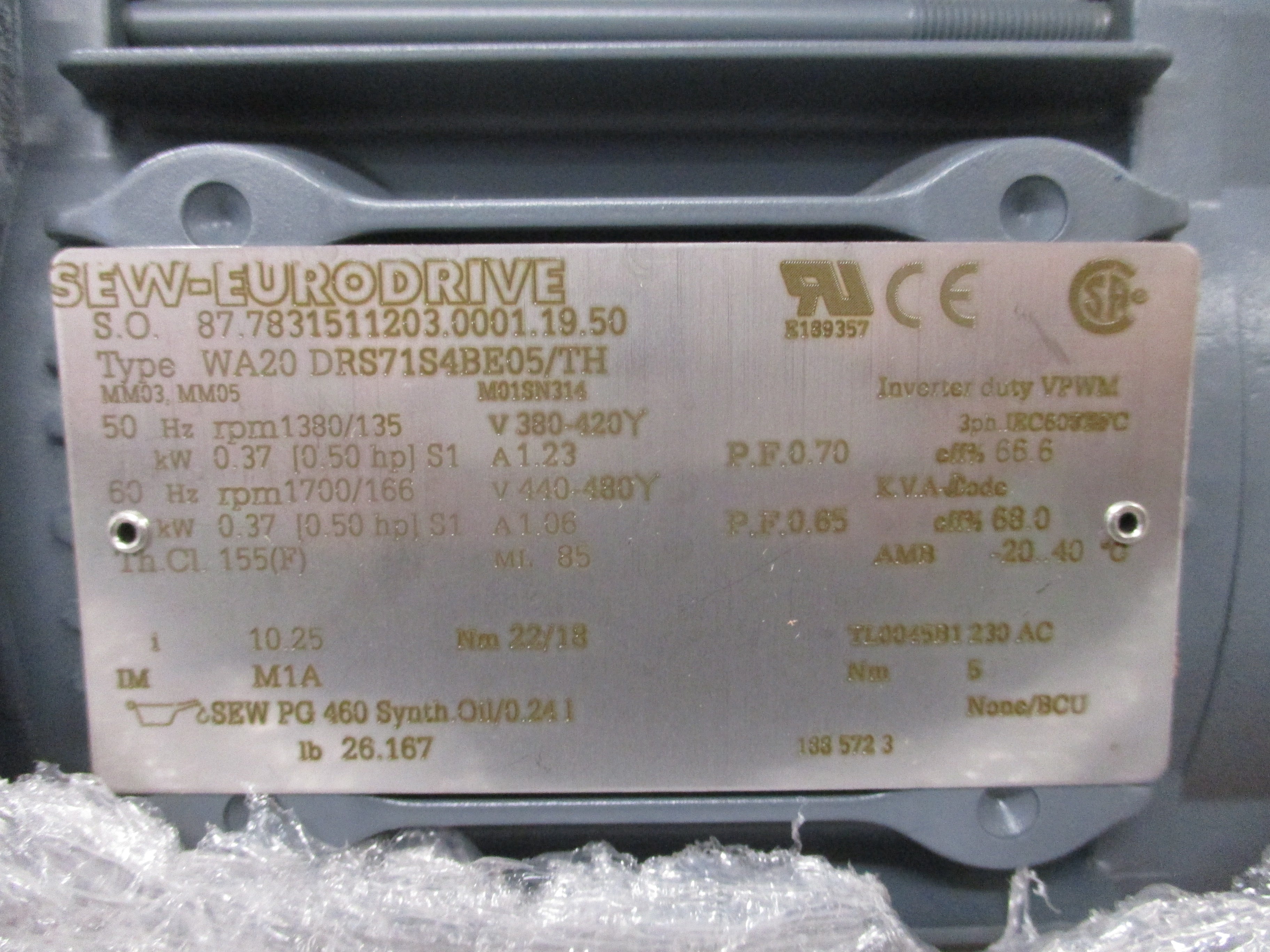 Sew-Eurodrive Gearmotor WA20 DRS71S4BE05/TH 0.5HP Ratio 10.25:1 166RPM Output