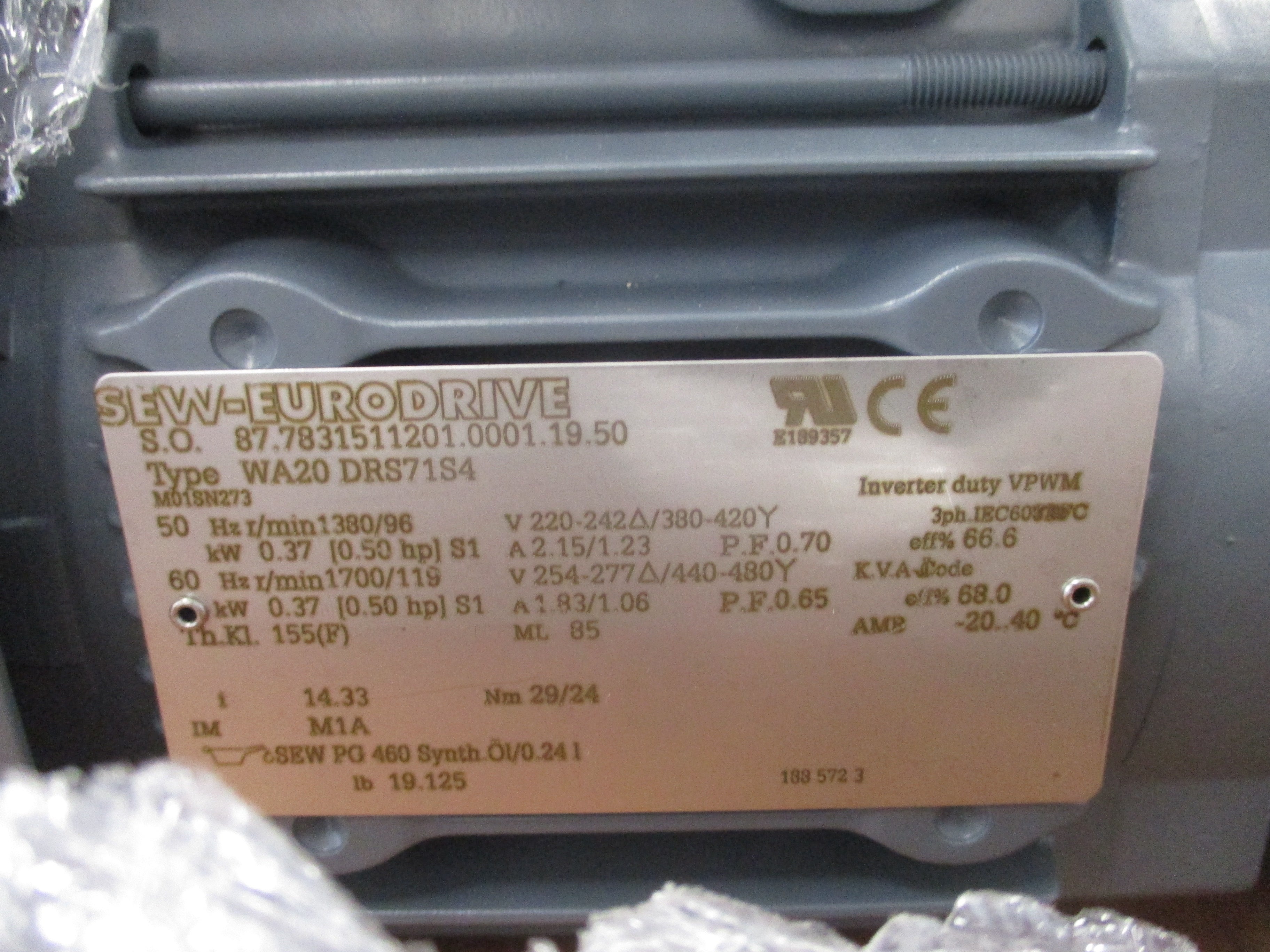 Sew-Eurodrive Gearmotor WA20 DRS71S4 M01SN273 0.5HP Ratio 14.33:1 119RPM Output