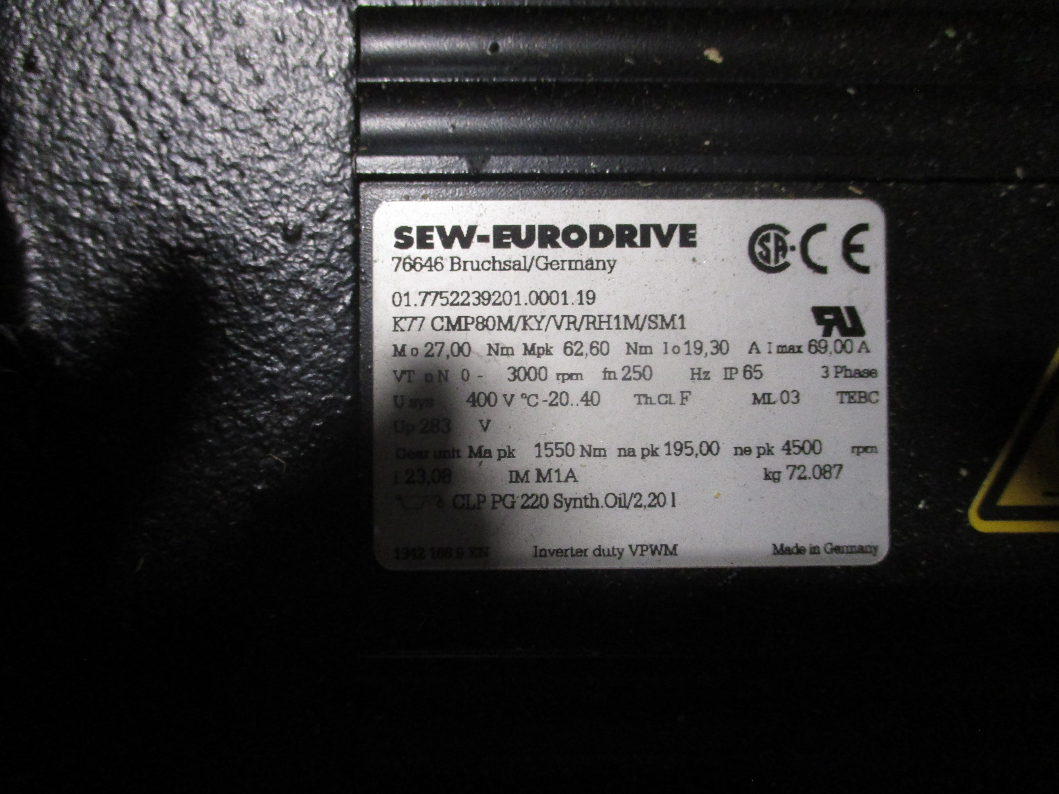 Sew-Eurodrive AC Servomotor W/Gear K77 CMP80M/KY/VR/RH1M/SM1 3000RPM Motor
