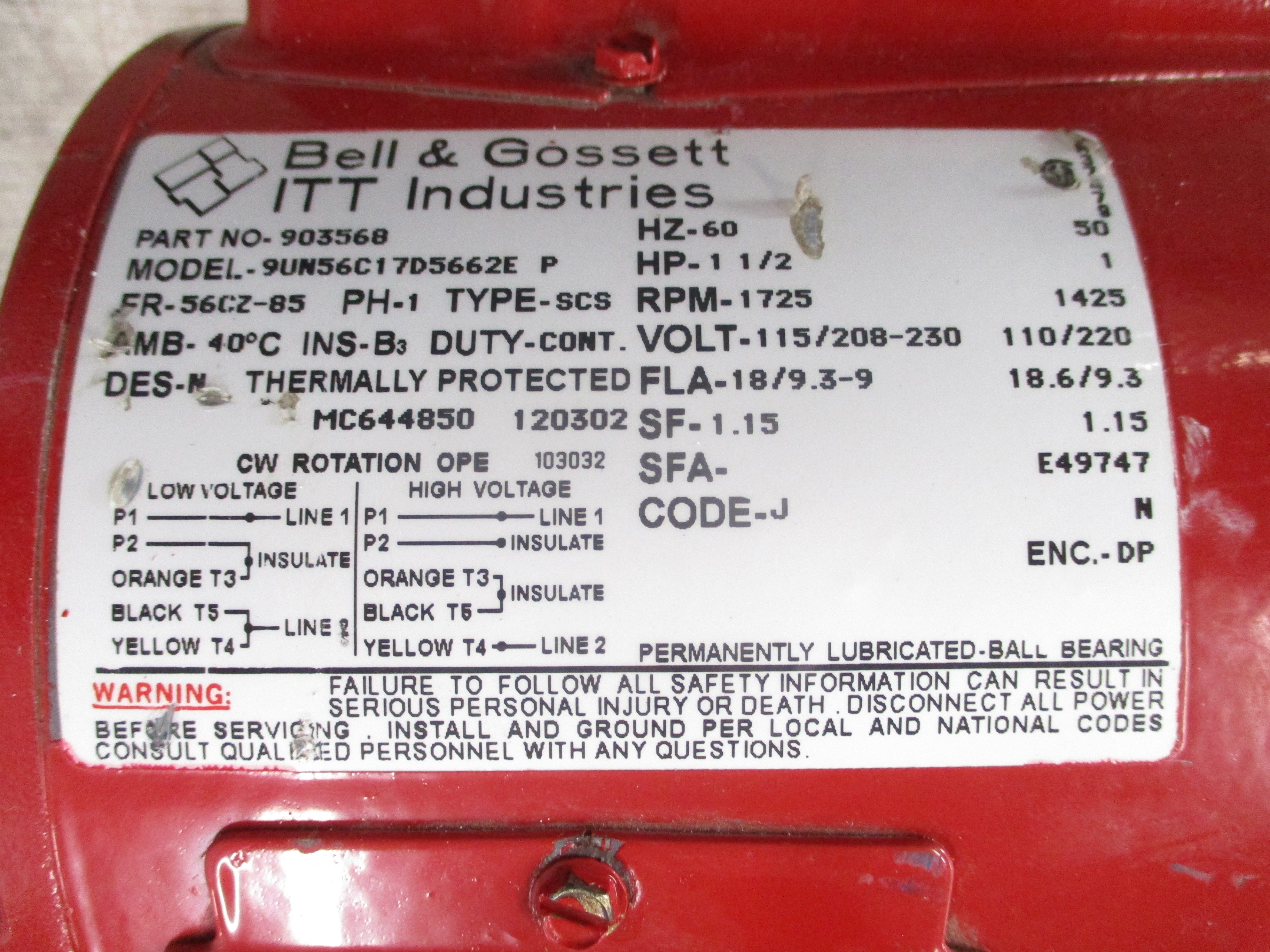 Bell & Gossett Series 60 Pump 172724 Size: 1-1/2x7 1.5HP 1725RPM Used