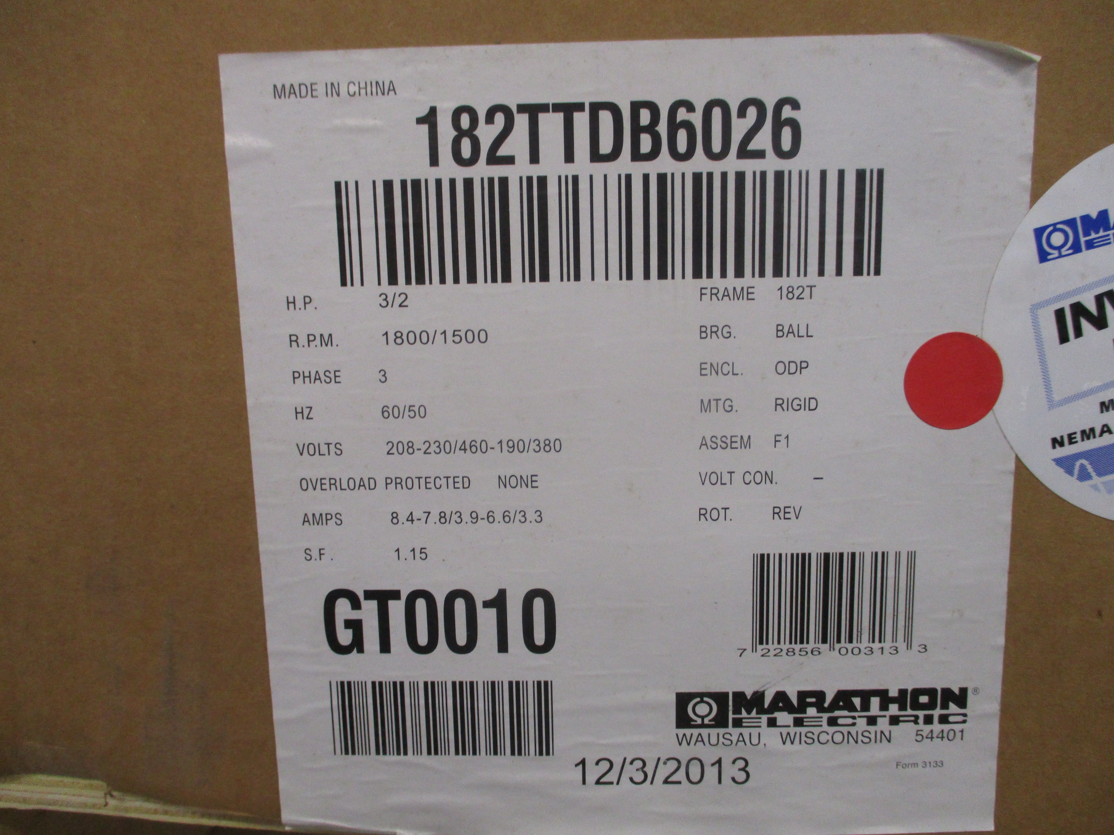 Marathon Electric 182TTDB6026 3/2HP 208-230/460-190/380V 1800/1500RPM