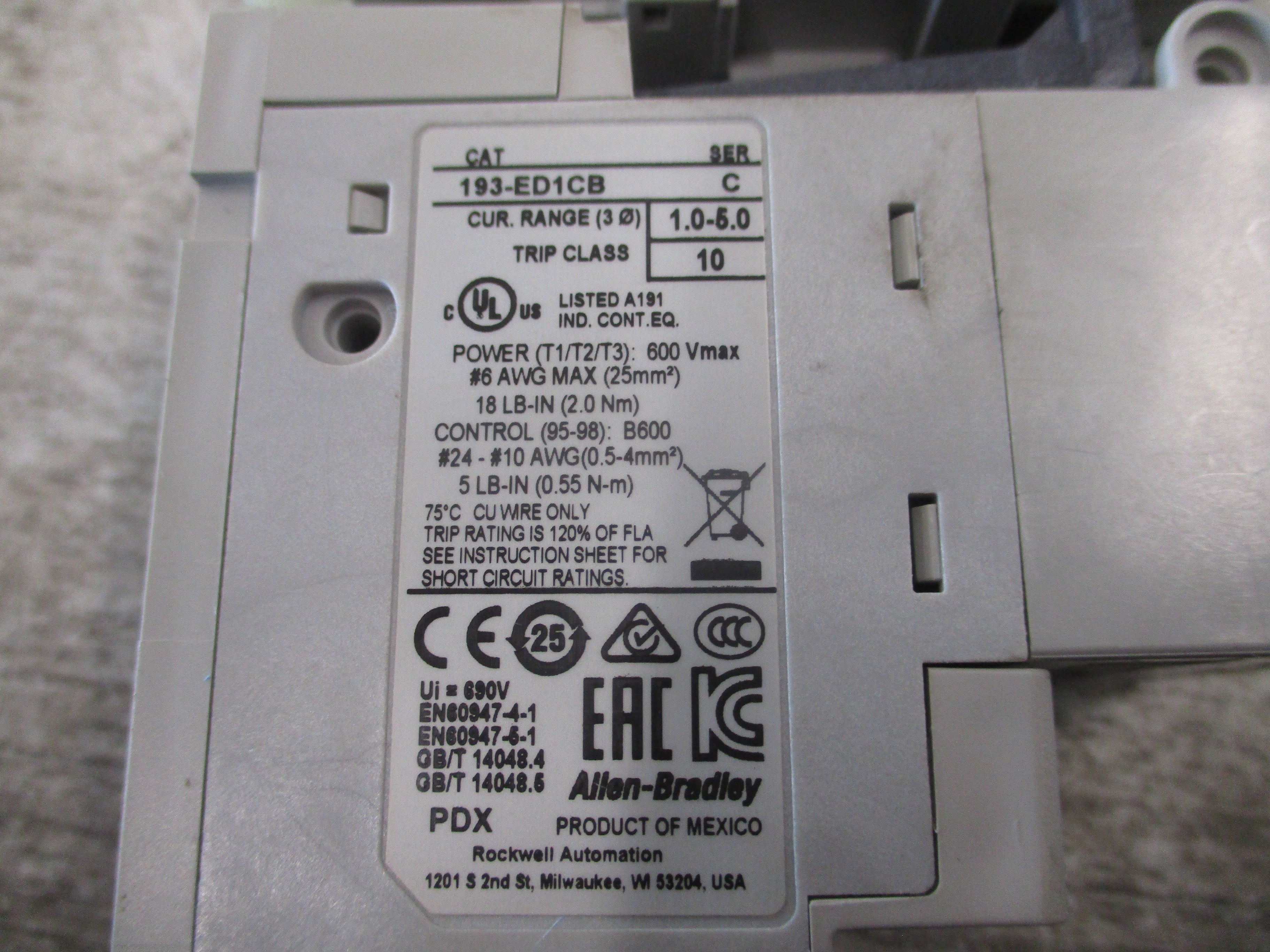 Allen-Bradley Starter 100-C09*10/193-ED1CB 120V Coil Trip: 1-5A Used