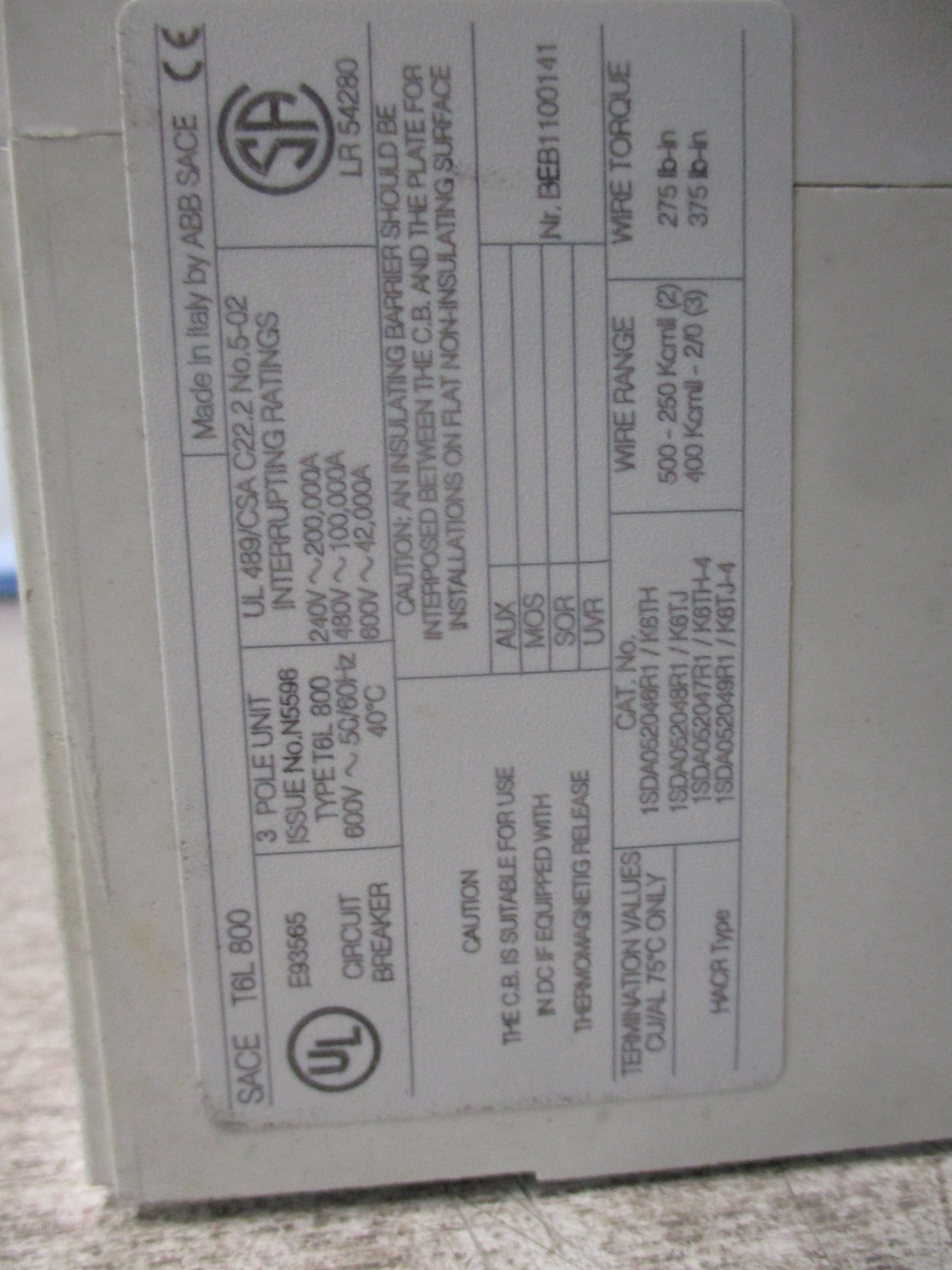 ABB SACE Tmax Breaker Disconnect T6L 800 PR222DS/P 800A 600V 3P *No Handle* Used