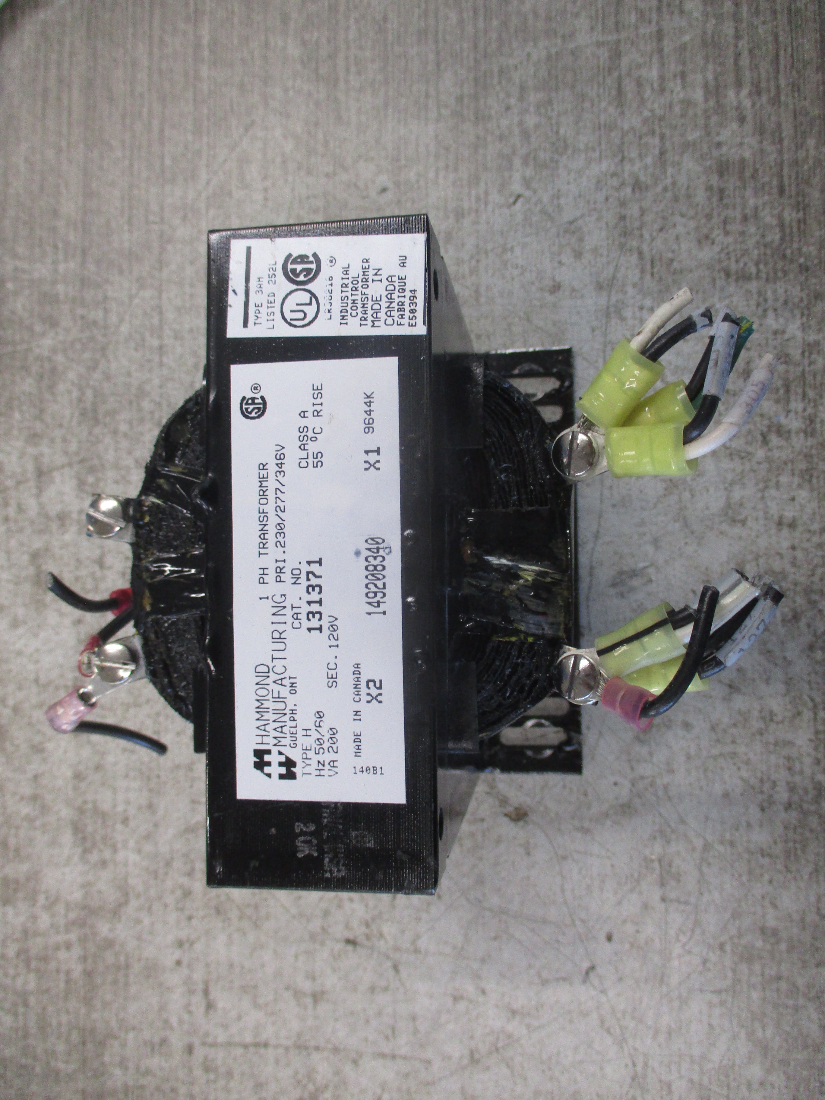 Hammond Transformer 131371 200VA Pri: 230/277/346V Sec: 120V 1Ph 50/60Hz Used