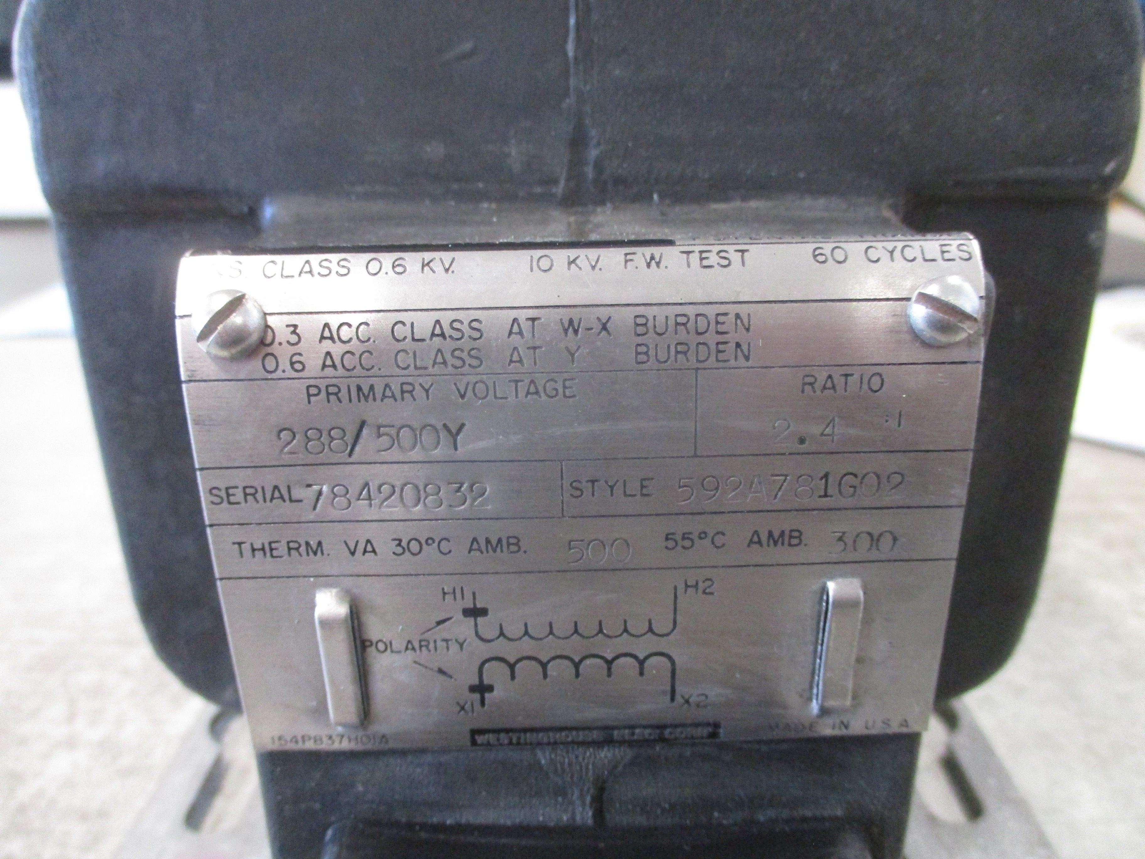 Westinghouse PXA-10 Potential Transformer 592A781G02 Pri: 500Y/288V