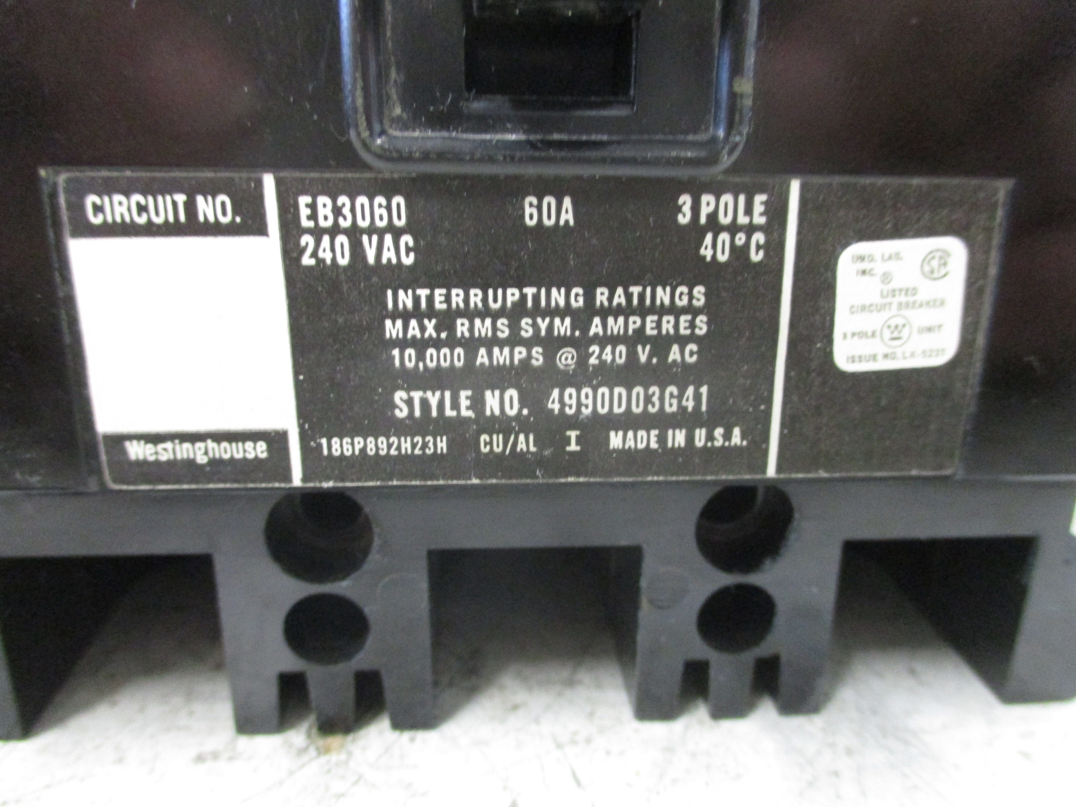 Westinghouse Circuit Breaker EB3060 60A 240V 3P Used