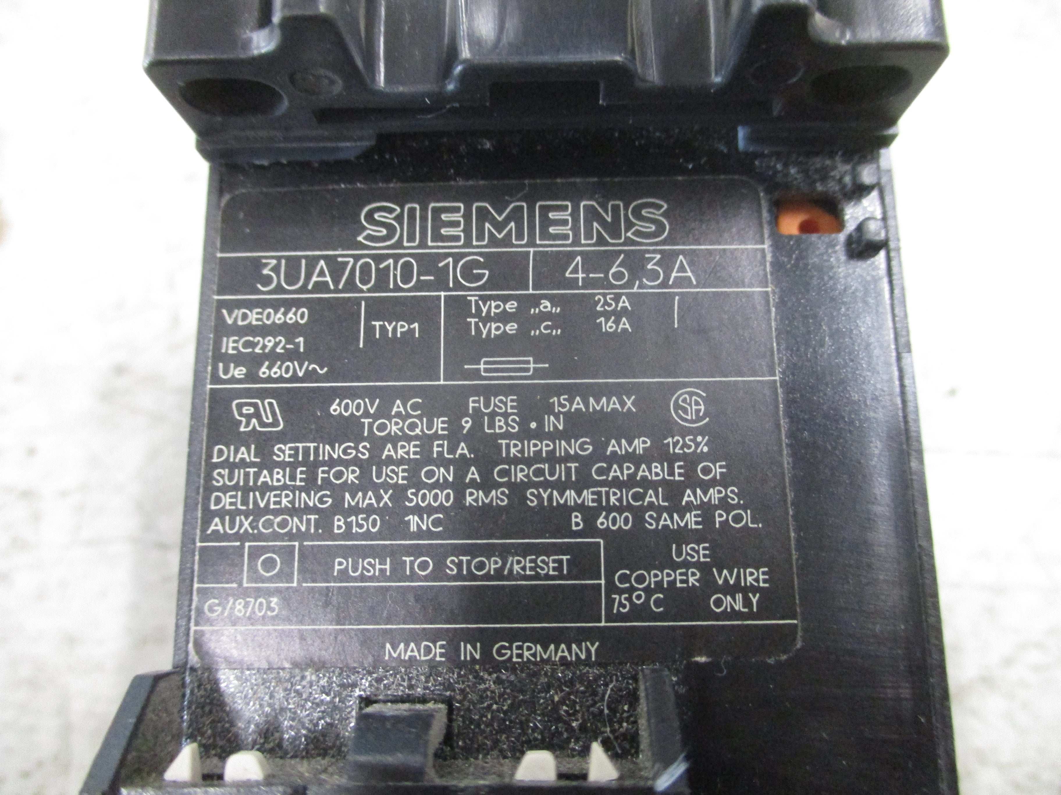 Siemens Solid State Overload 3UA70 10-1G Trip: 4.0-6.3A New Surplus