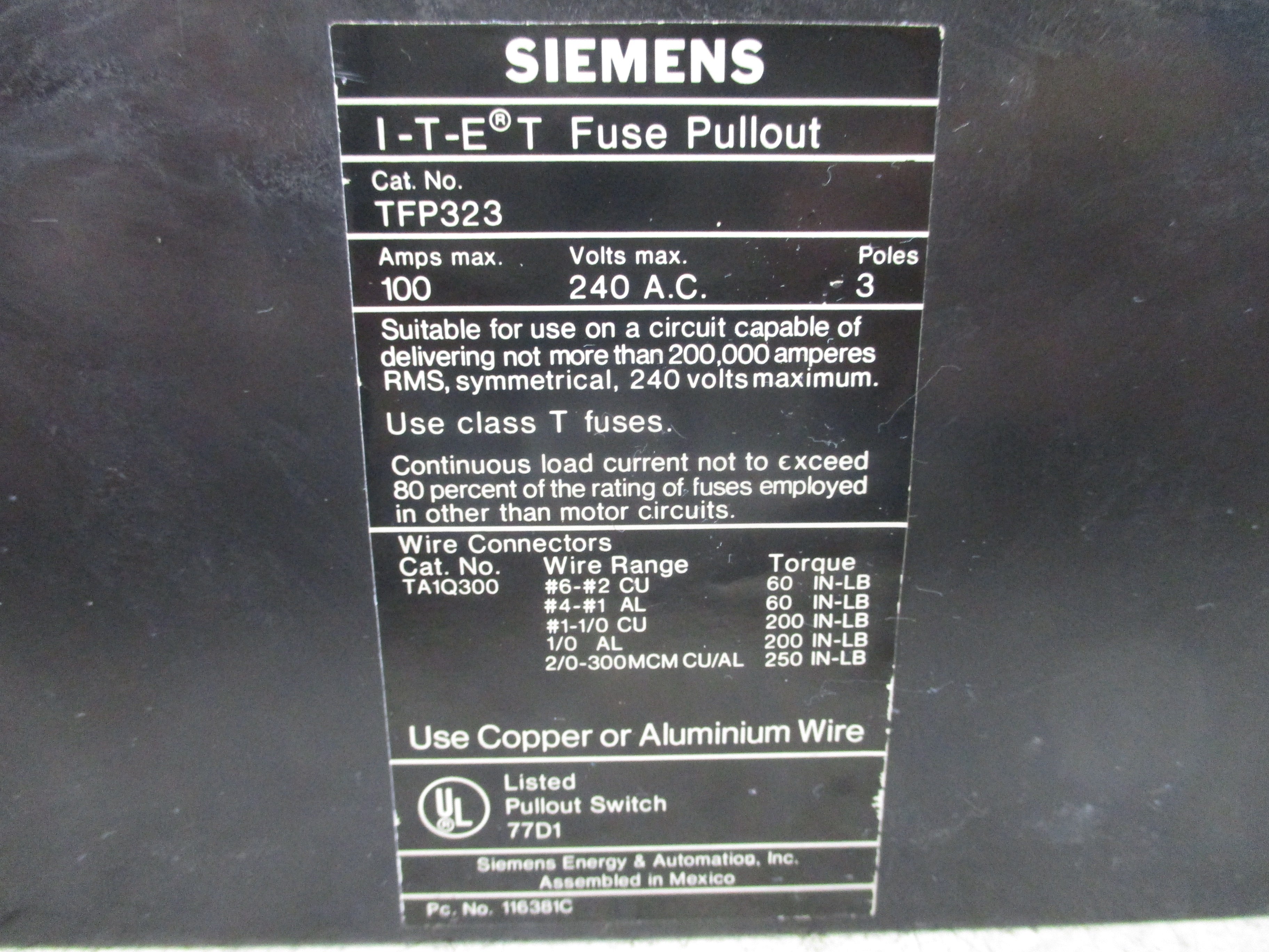 Siemens Fuse Pullout Switch TFP323 100A 240V 3P Used