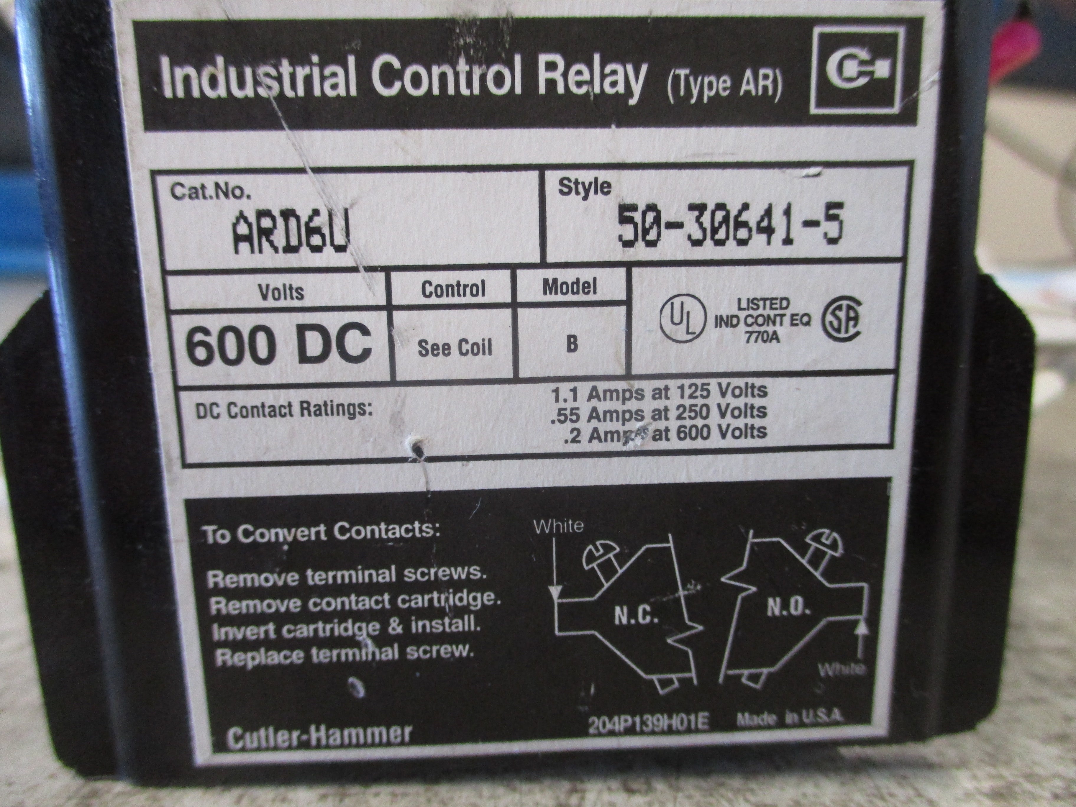 Cutler-Hammer Type AR Control Relay ARD6U Style #: 50-30641-5 130VDC Coil 600VDC