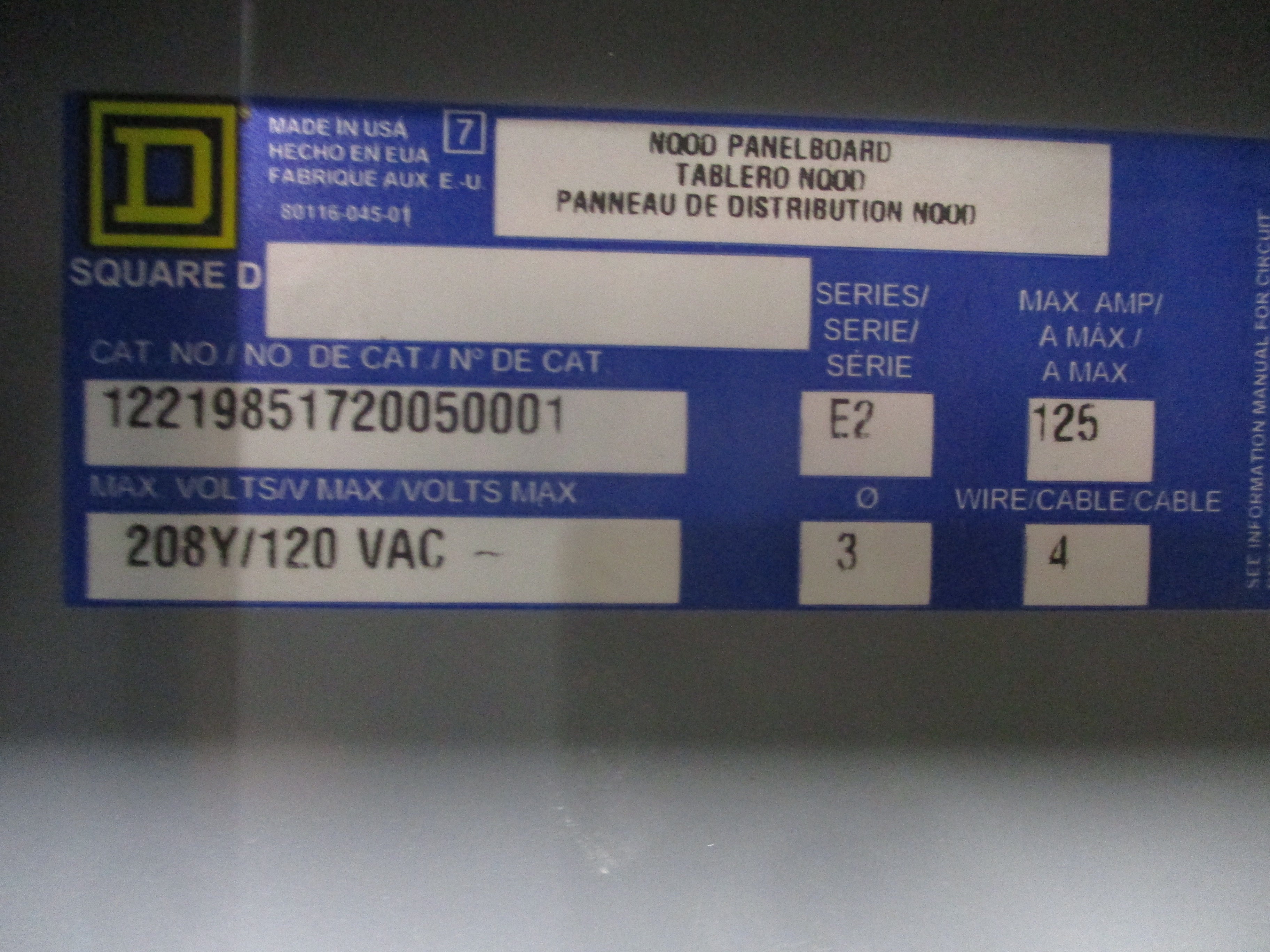 Square D Main Breaker Circuit Breaker Panel 12219851720050001 125A Main 125A Max