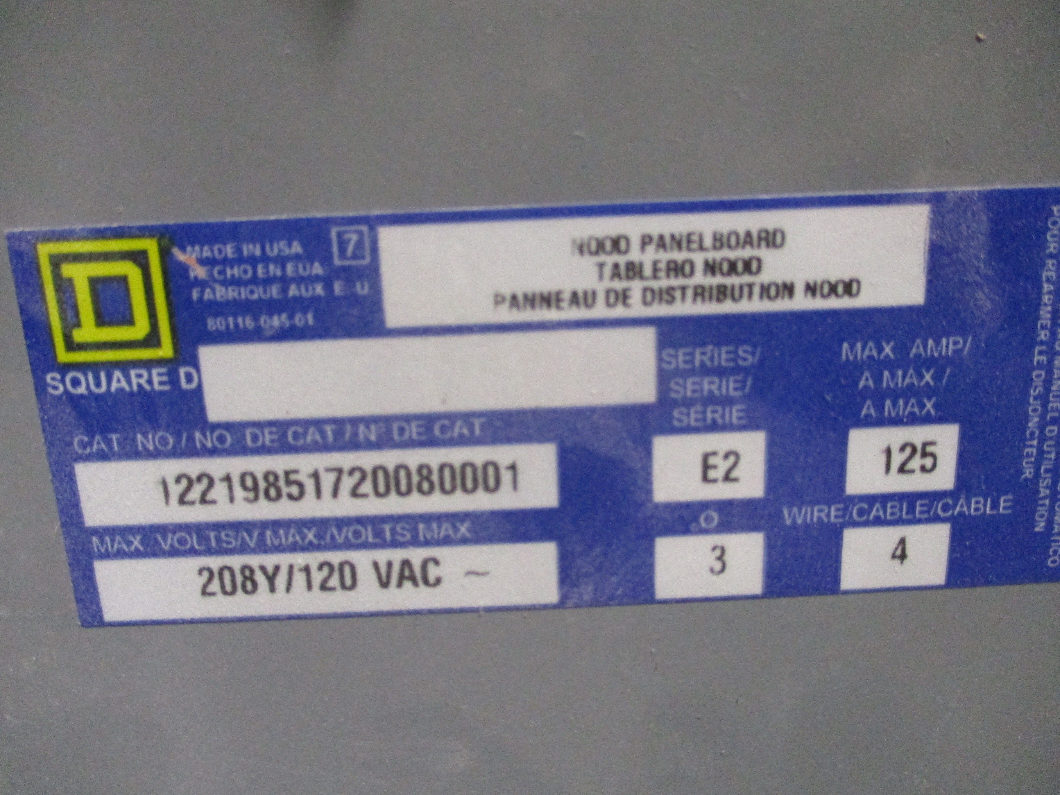 Square D Main Breaker Circuit Breaker Panel 12219851720080001 125A Main 125A Max