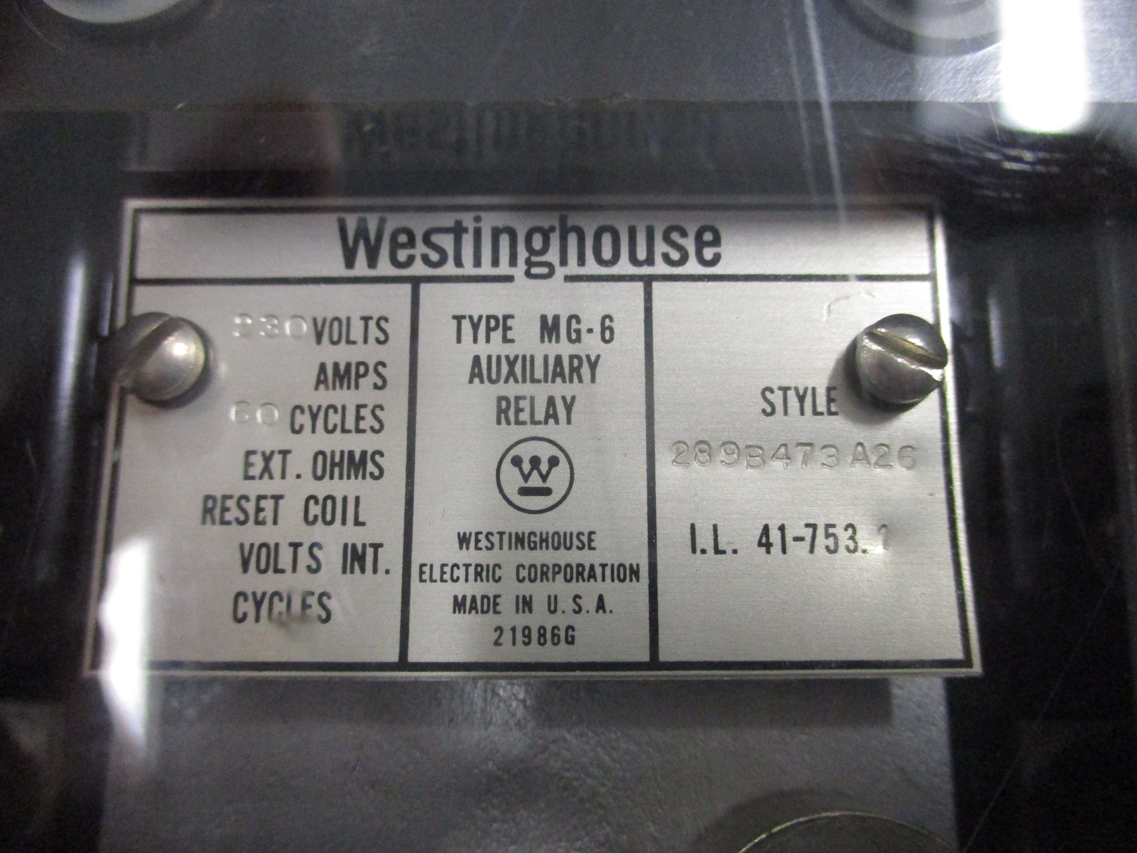 Westinghouse Type MG-6 Auxiliary Relay 289B473A26 230V 60Hz Used