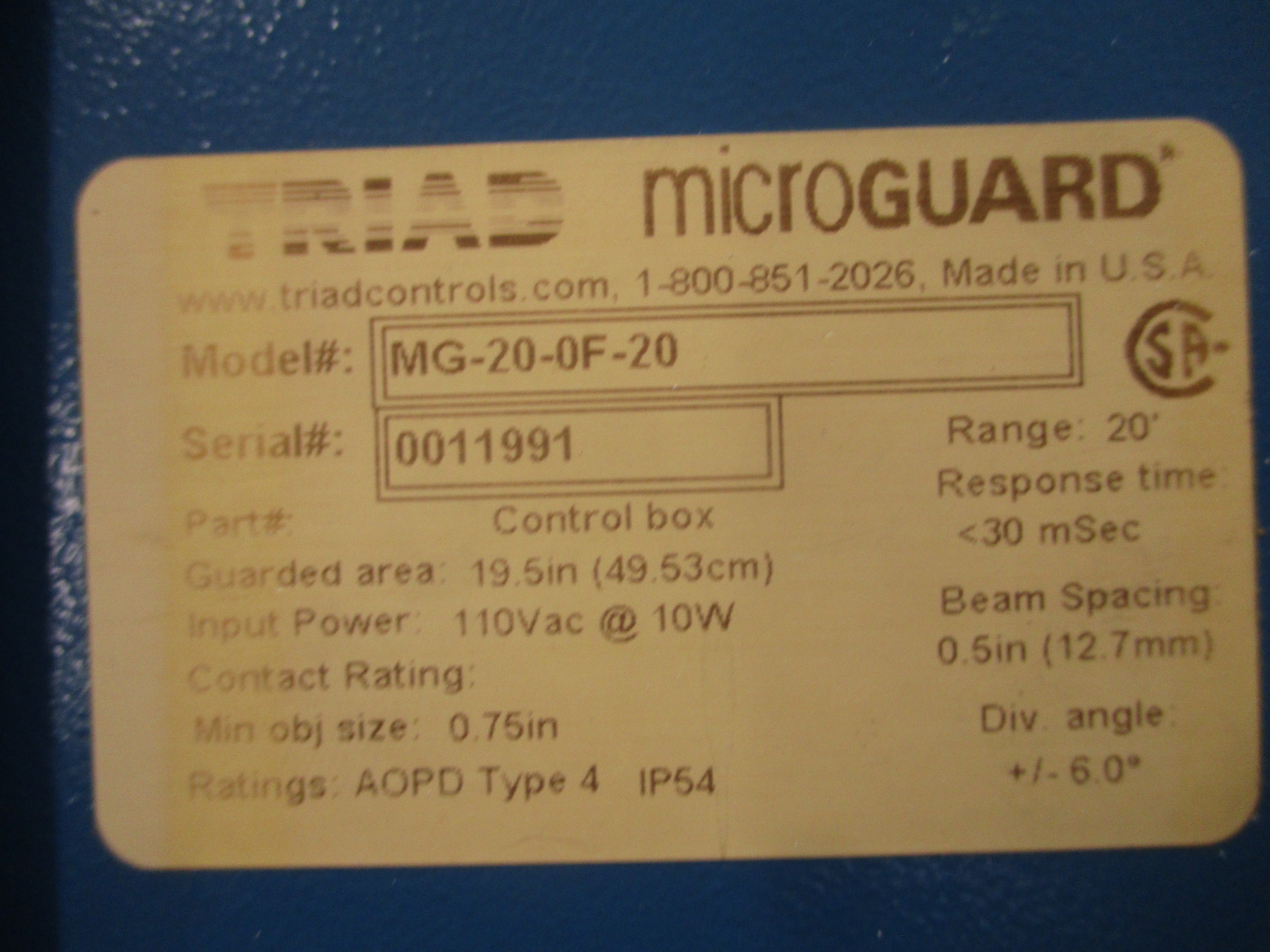 Triad Microguard Control Box MG-20-0F-20 110VAC 10W Used