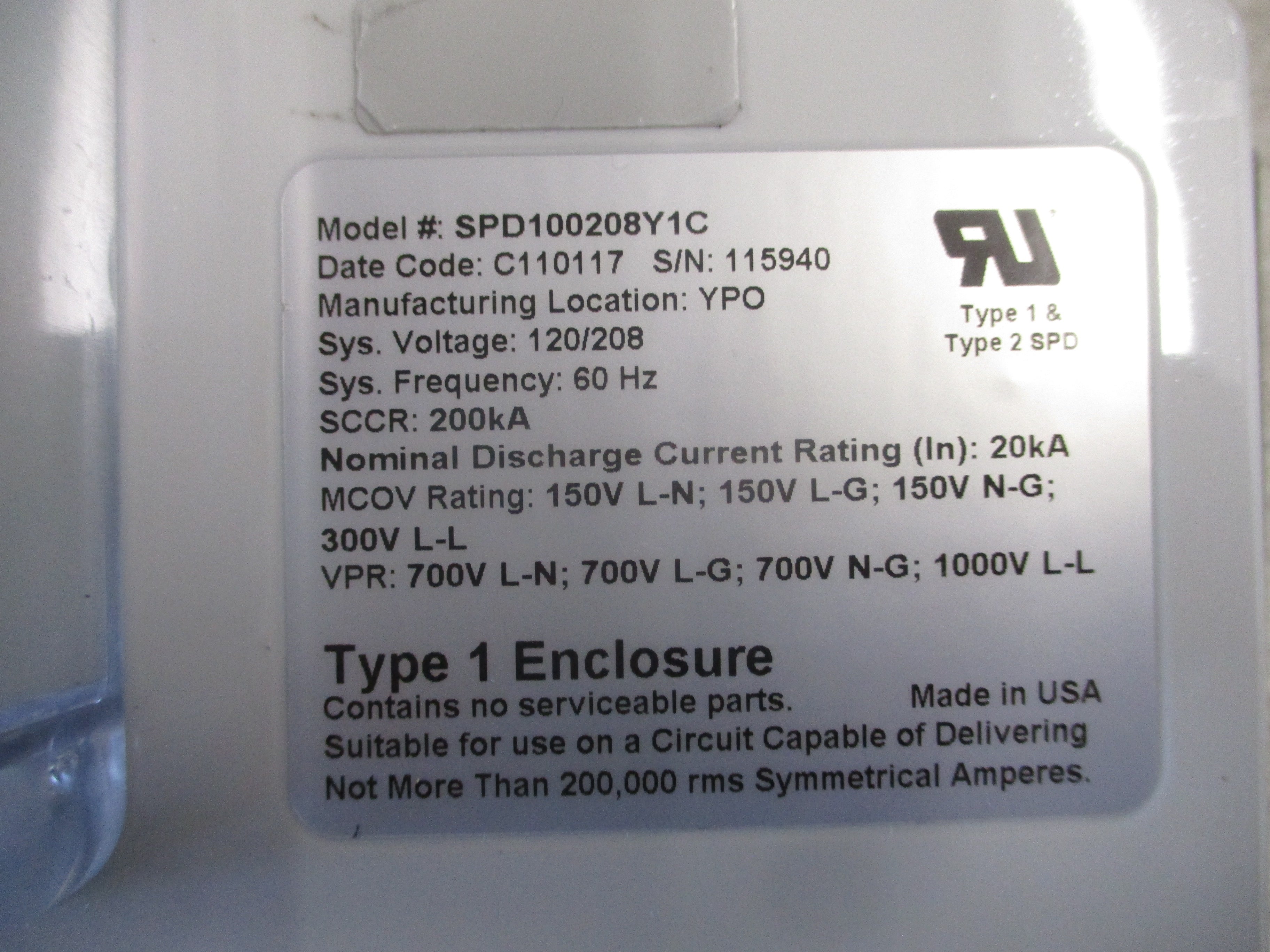 Eaton SPD Series Surge Protective Device SPD100208Y1C 120/208V 60Hz