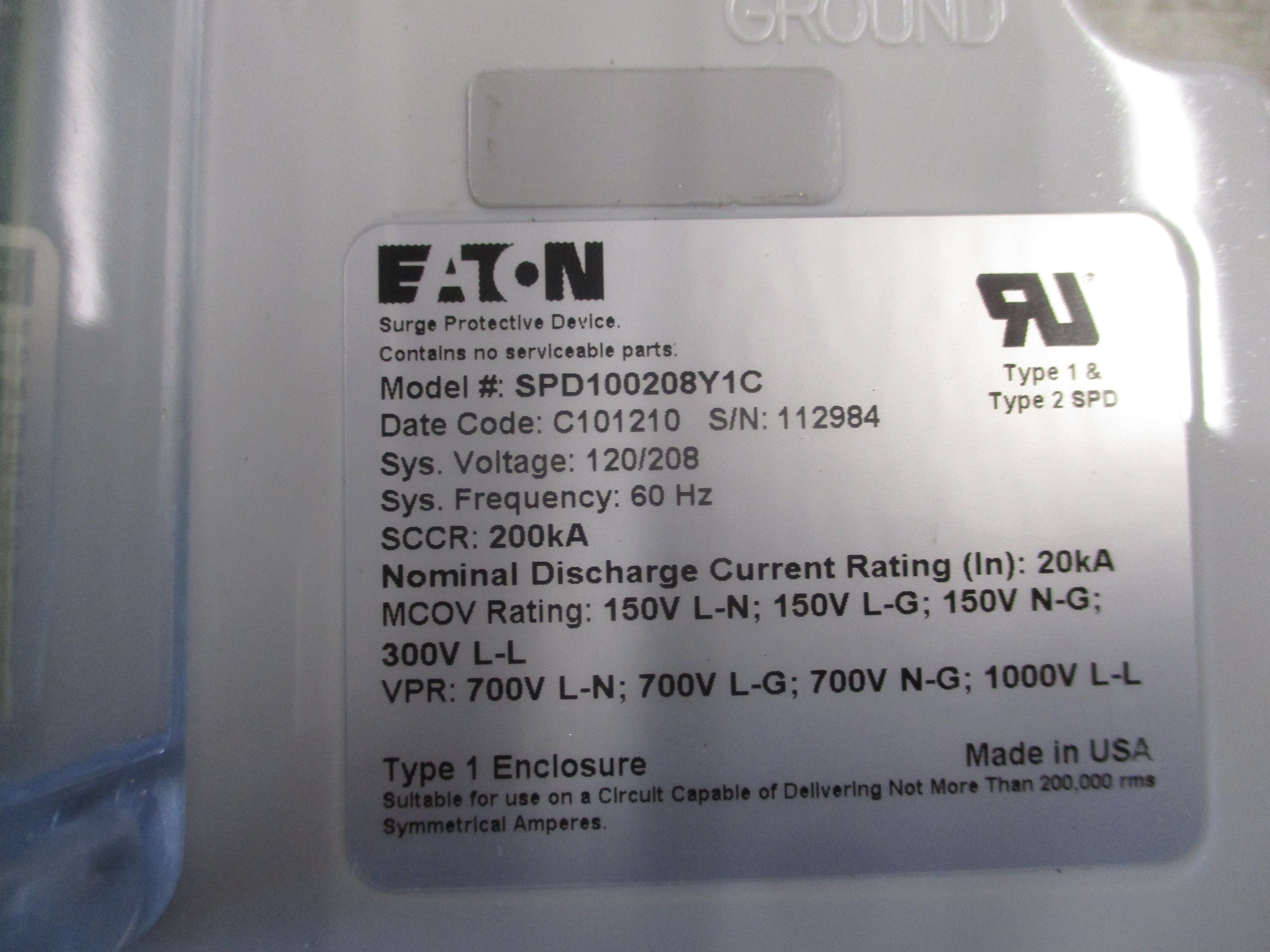 Eaton  SPD Series Surge Protective Device  SPD100208Y1C  120/208V  60Hz