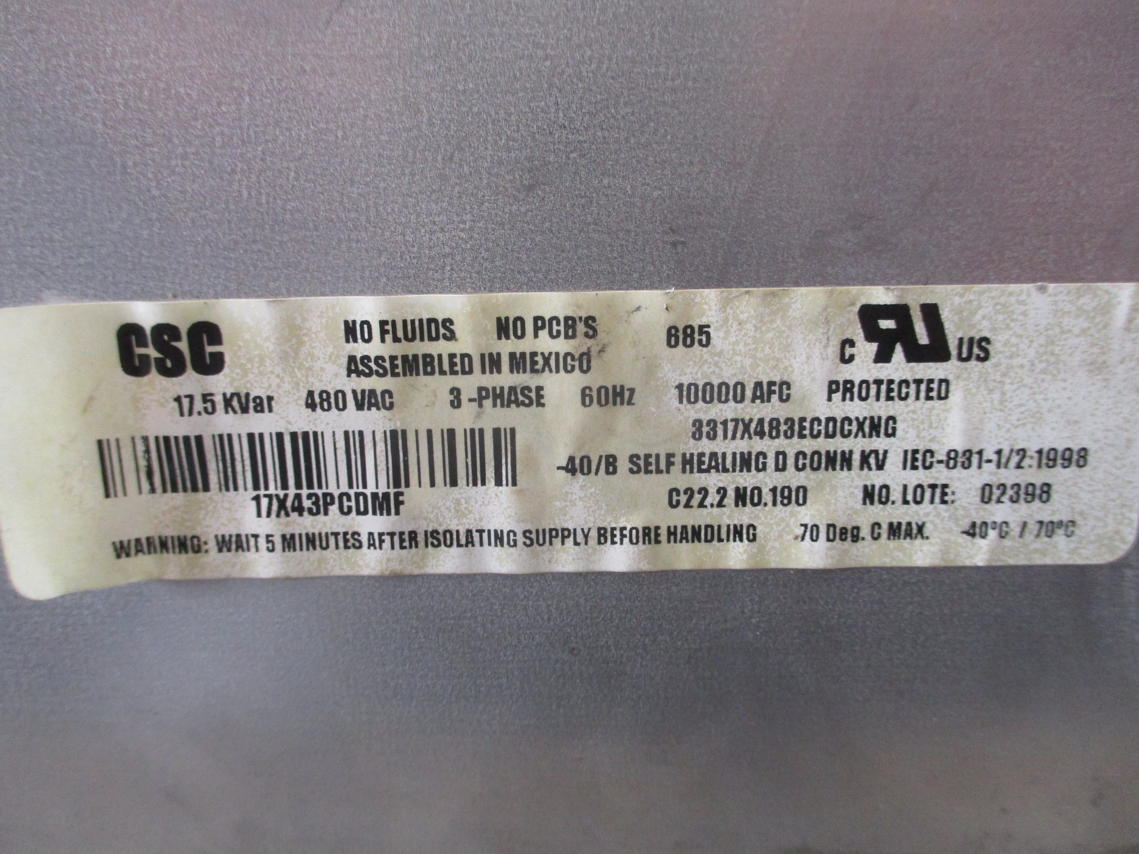 CSC Capacitor 17X43PCDMF 17.5 KVar 480V 3Ph 60Hz Used
