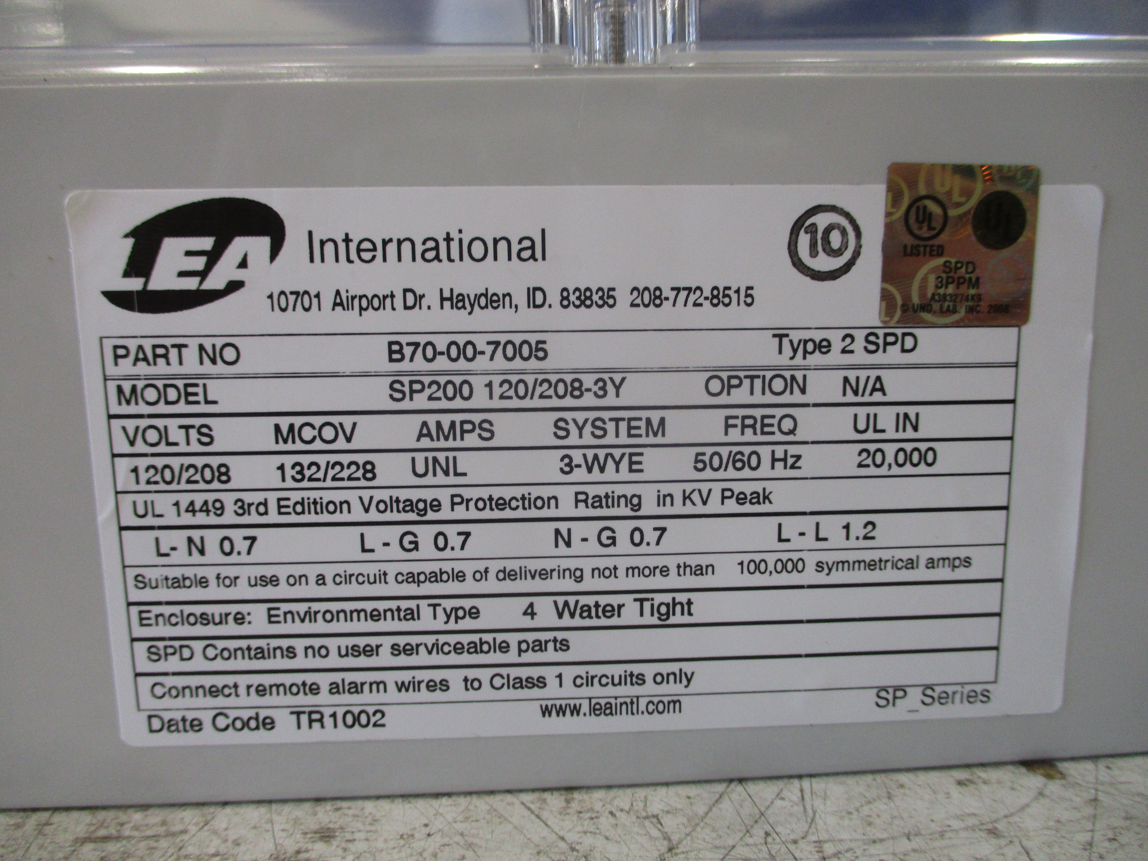 Lea International SP200 120/208-3Y Surge Protector B70-00-7005 120/208V 50/60Hz