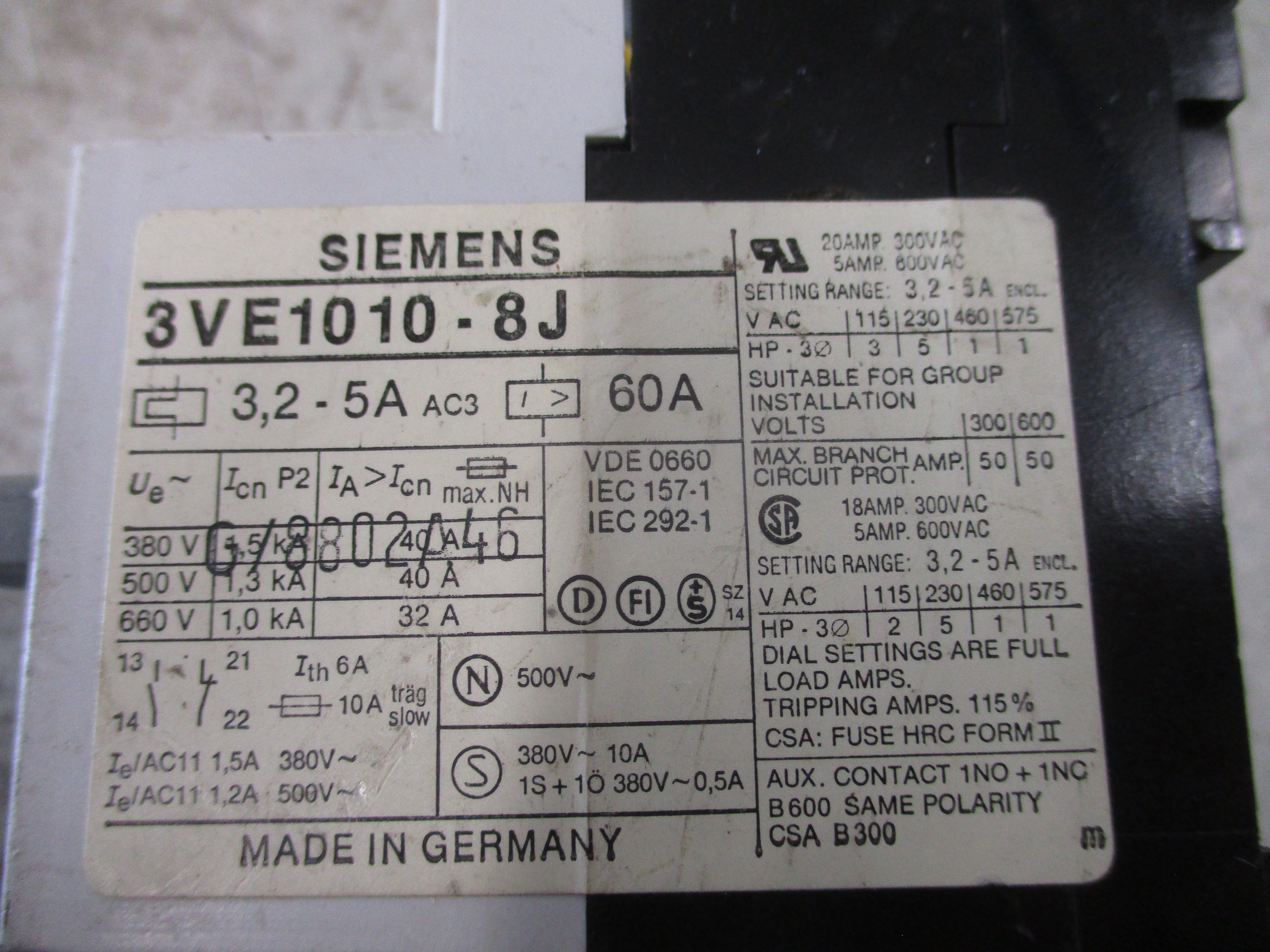 Siemens Manual Starter 3VE1010-8J Trip: 3.2-5A Used
