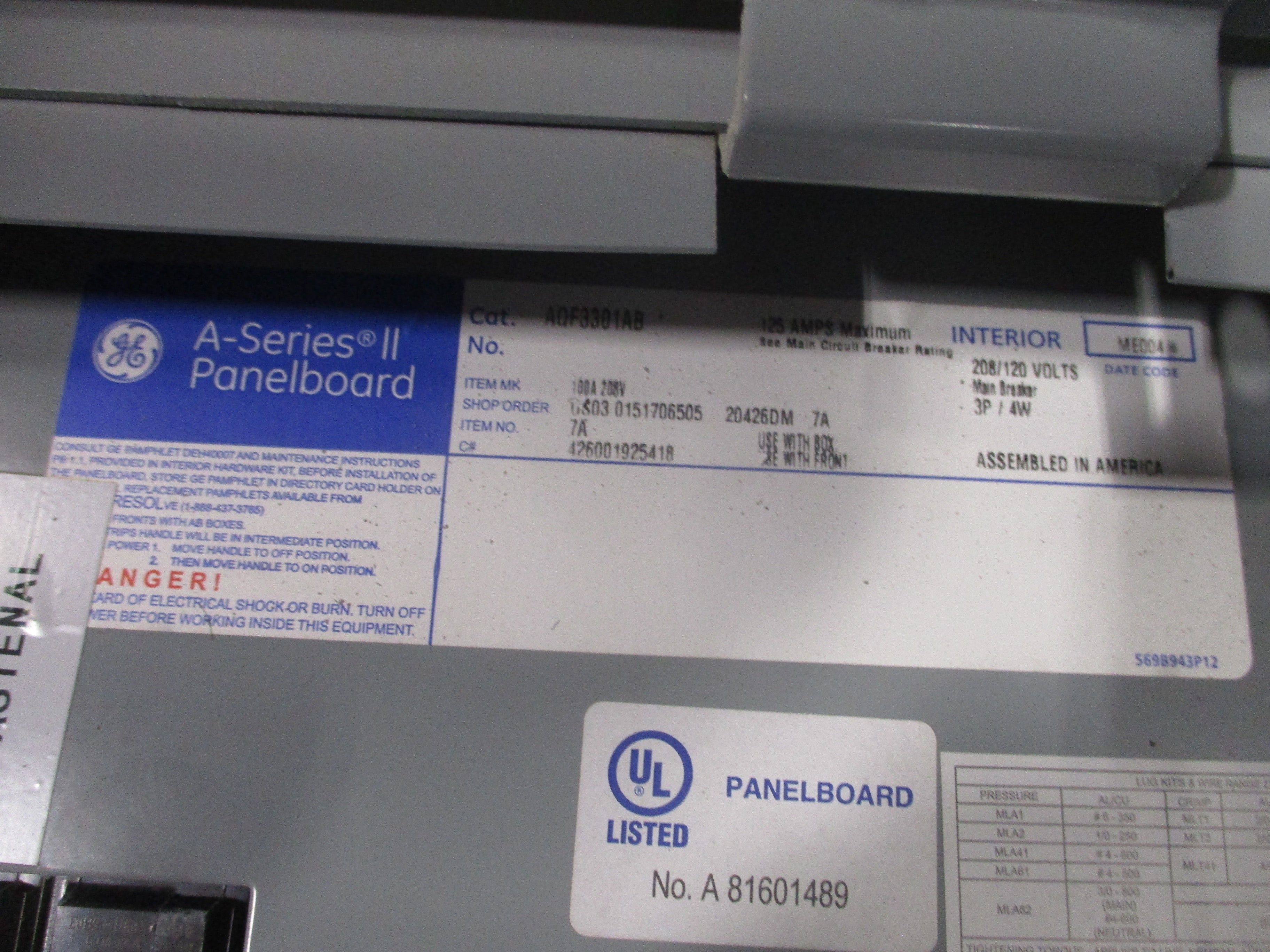 GE Main Breaker Circuit Breaker Panel AQF3301AB 100A Main 208/120V 3PH 4W Used