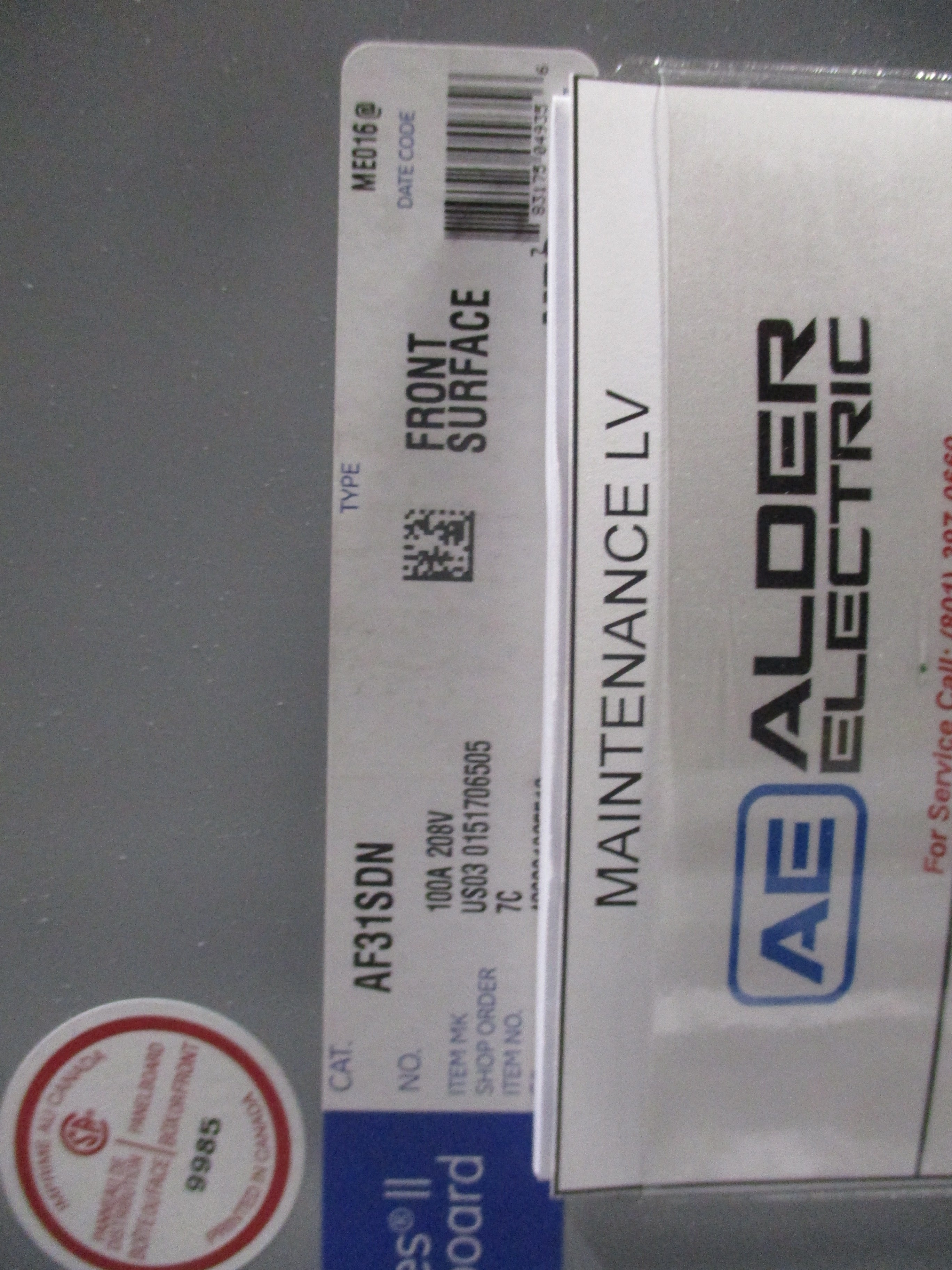 GE Main Breaker Circuit Breaker Panel AQF3301AB 100A Main 208/120V 3PH 4W Used