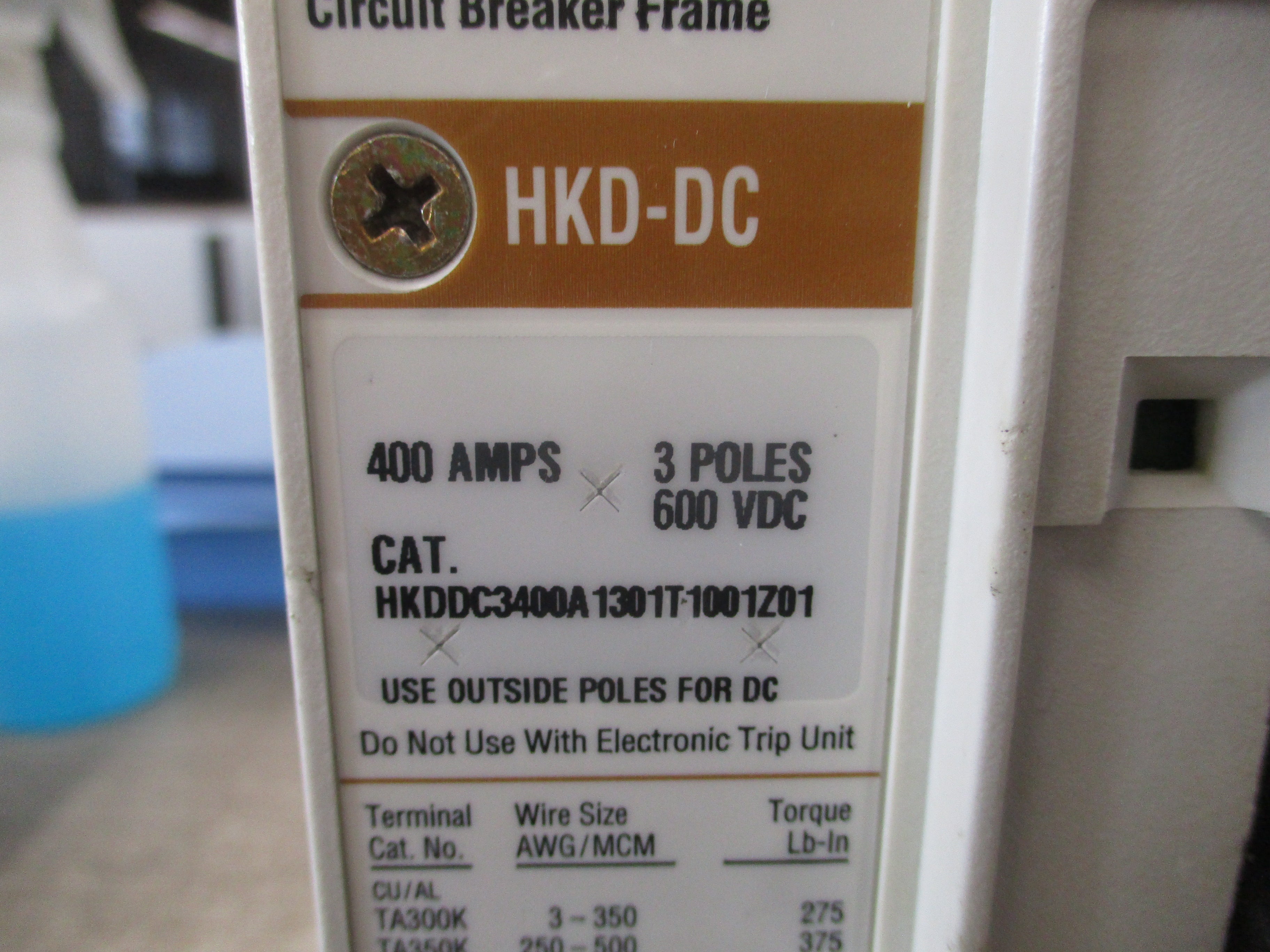 Eaton DC Circuit Breaker HKDDC3400A1301T1001Z01 400A 600V 3P Used