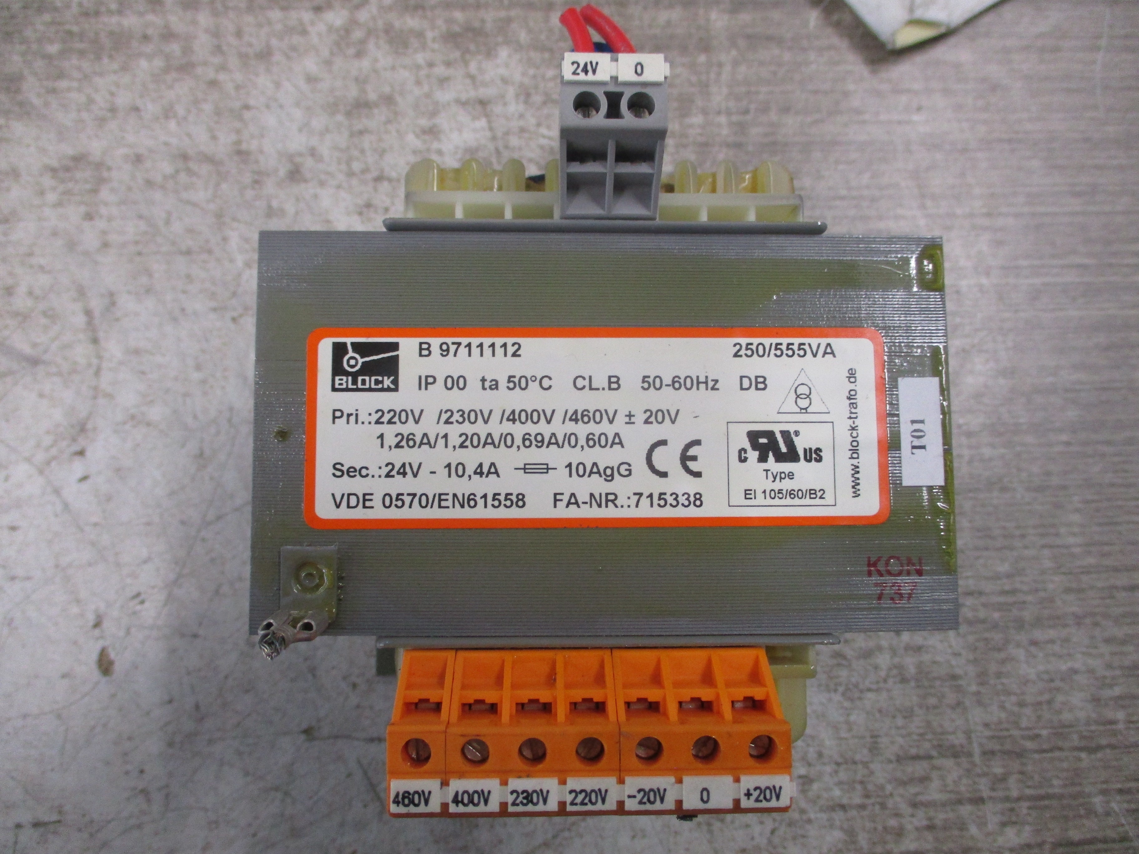 Block Transformer B 9711112 250/555VA Pri: 220/230/400/460V Sec: 24V 50-60Hz