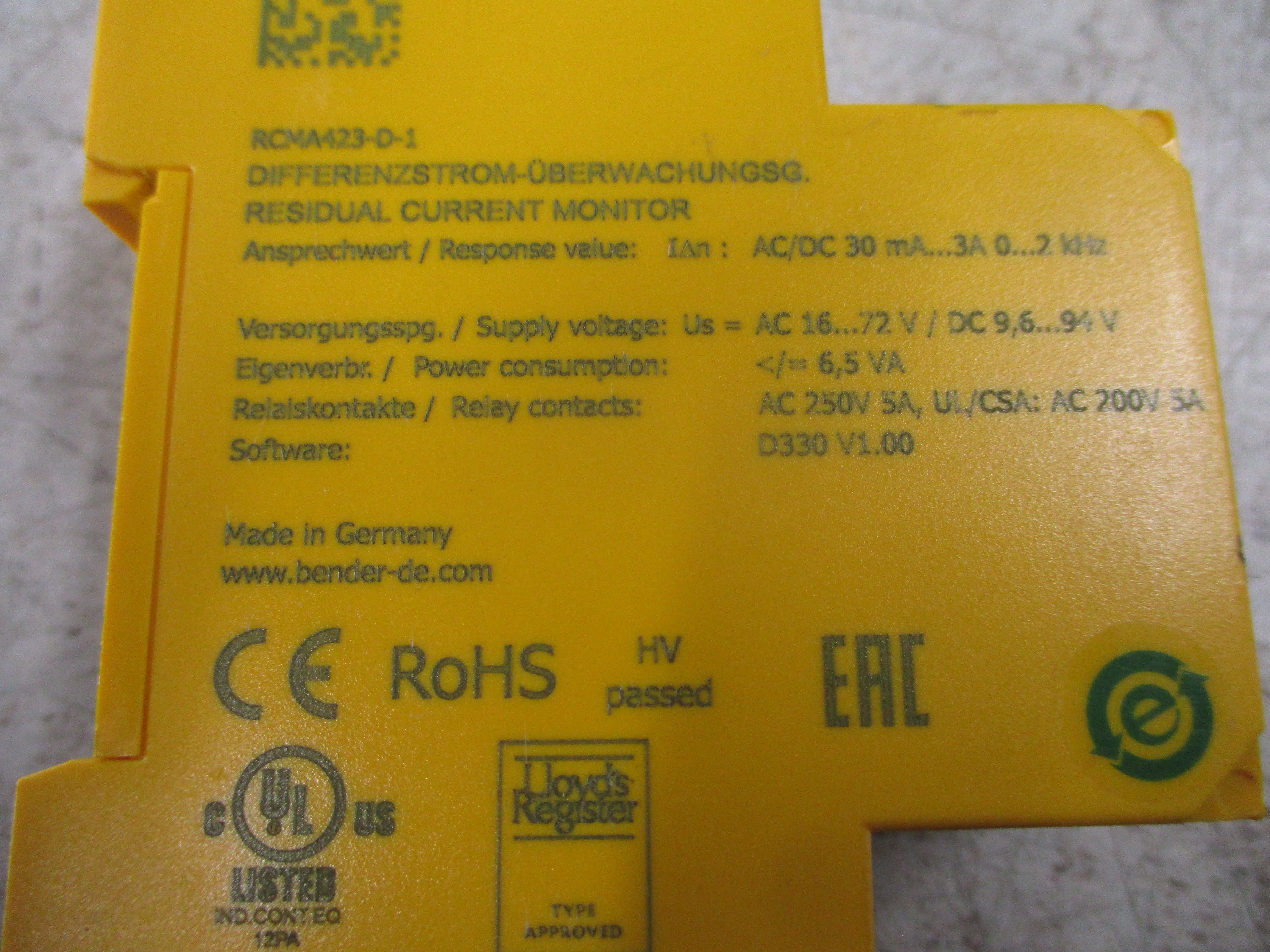 Bender Linetraxx Residual Current Monitor RCMA423-D-1 16-72VAC 9.6-94VDC