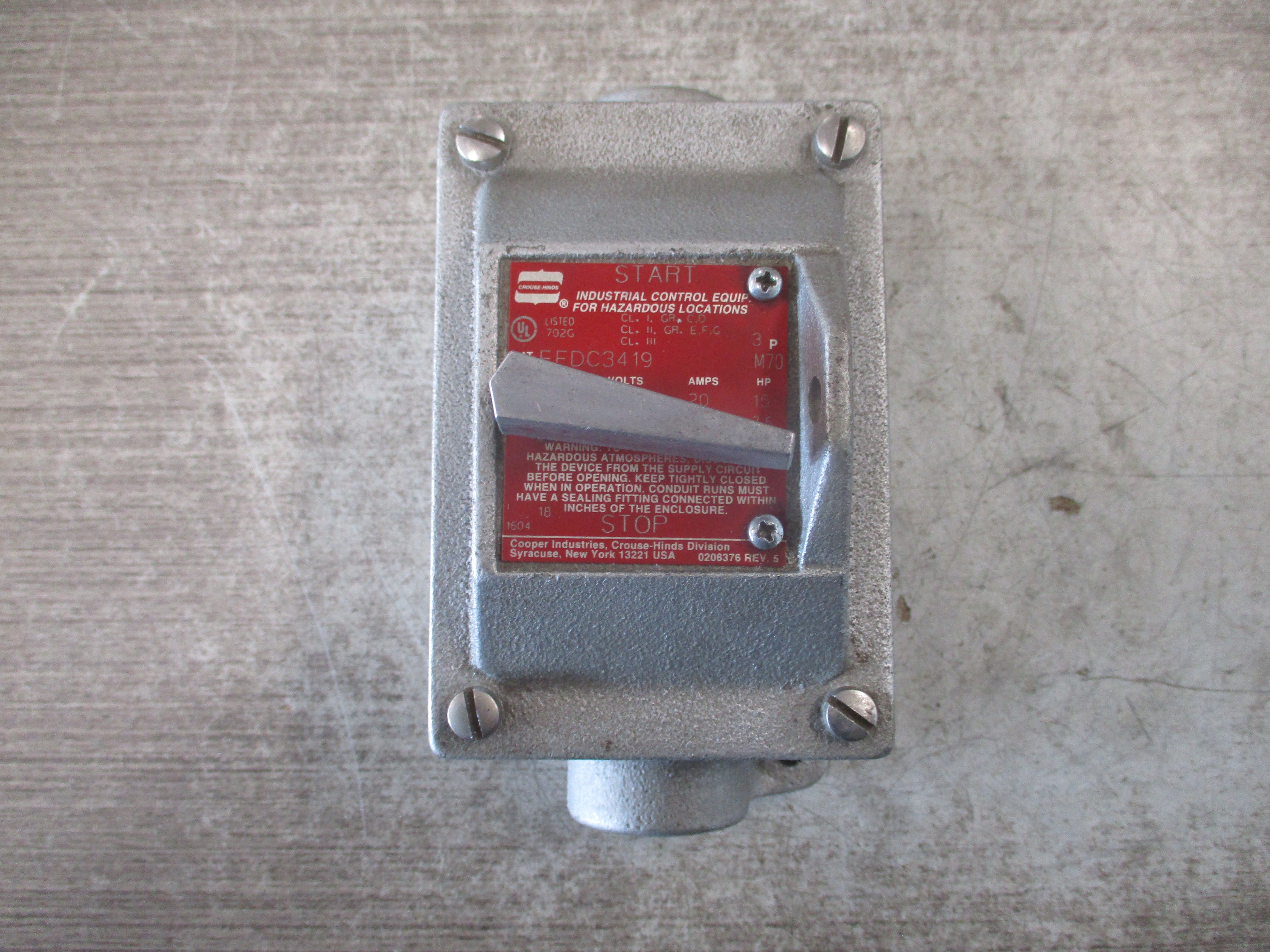 Crouse-Hinds Explosion-Proof Manual Starter EFDC3419 20A/30A 240/600V Used