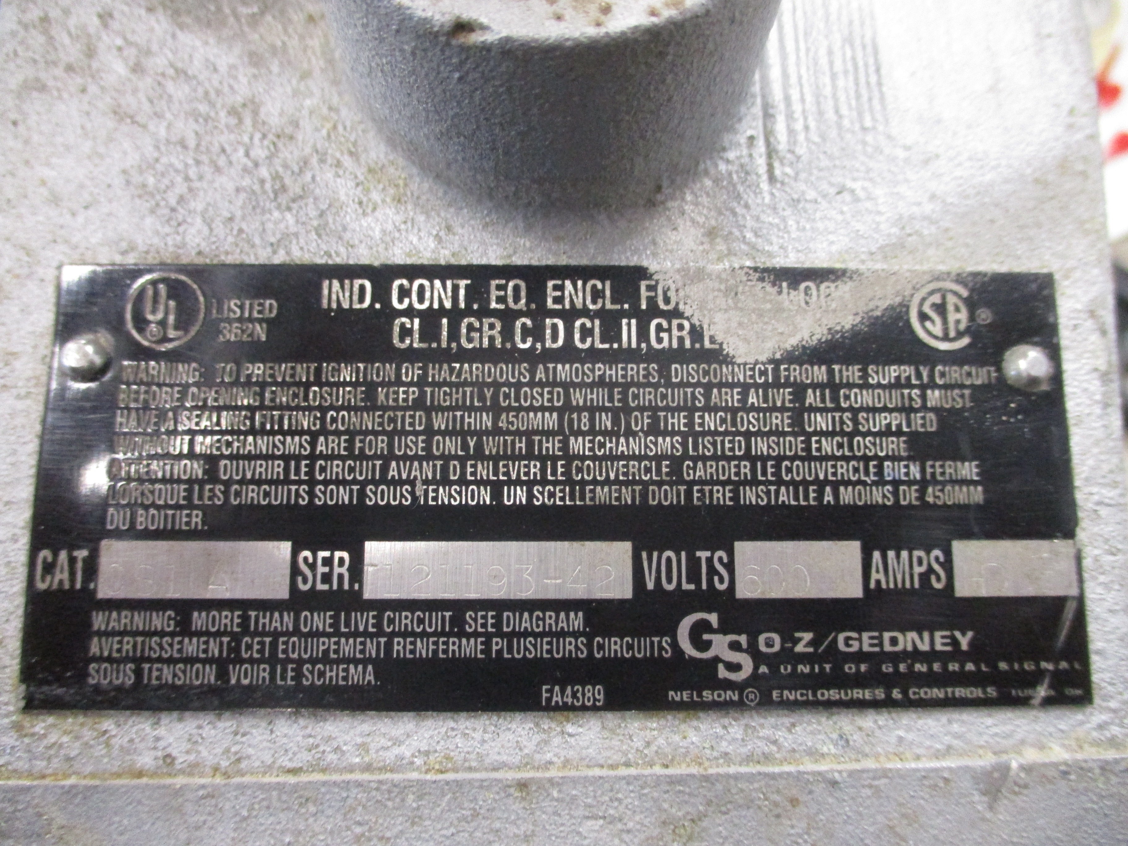 OZ-Gedney Explosion-Proof Switch CS1A 600V Used