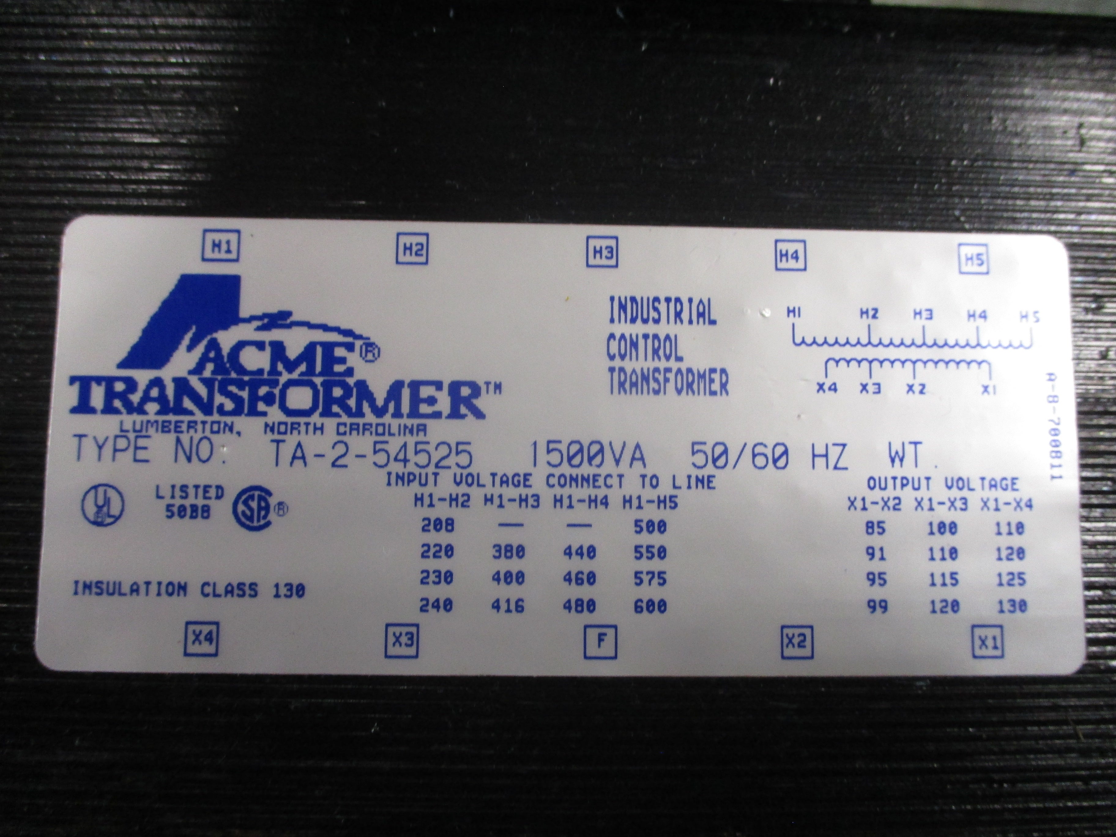 Acme Transformer Control Transformer TA-2-54525 1500VA Pri: 208/240/480/600V