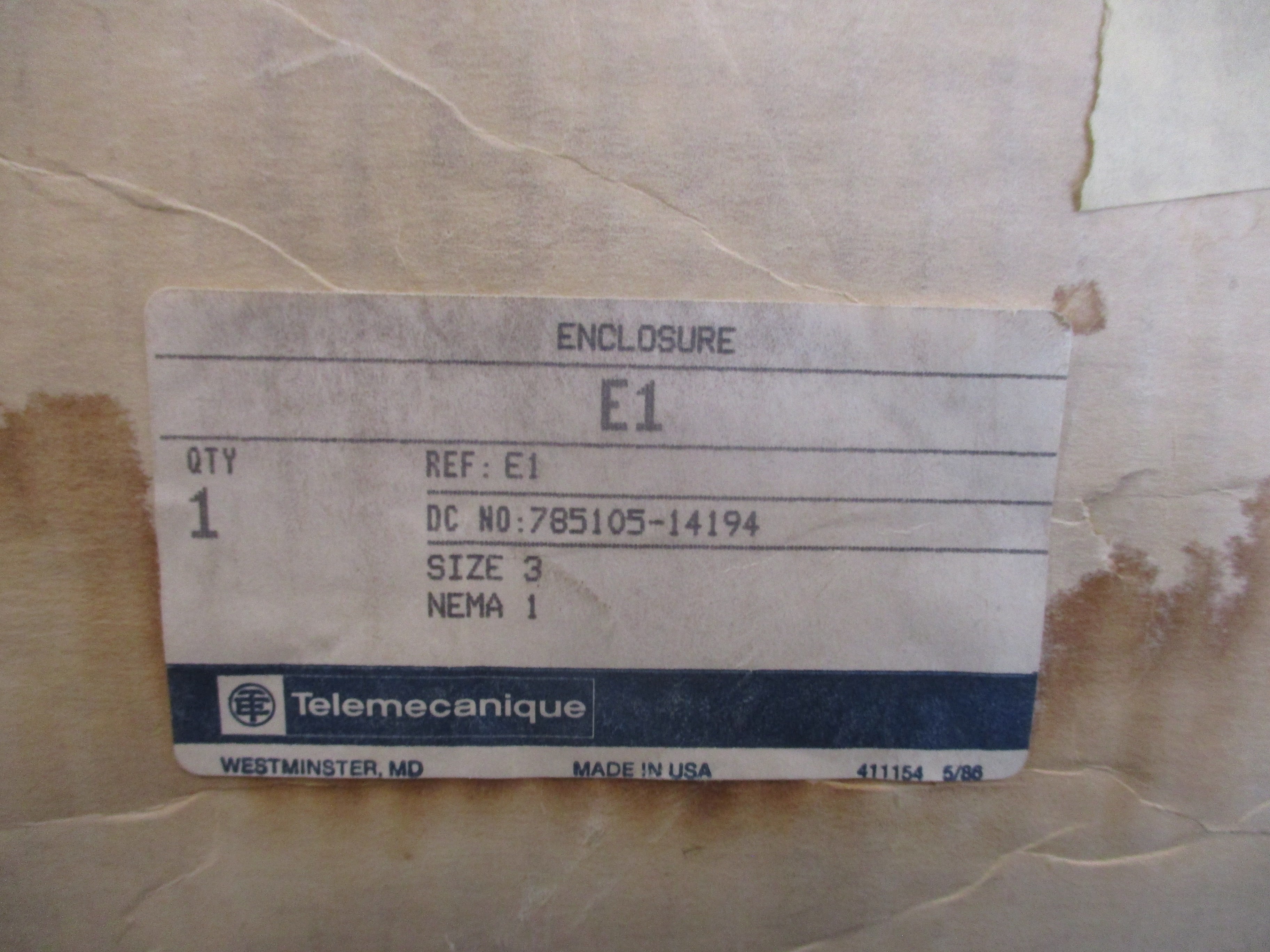 Telemecanique Nema 1 Enclosure E1 Size 3 New Surplus