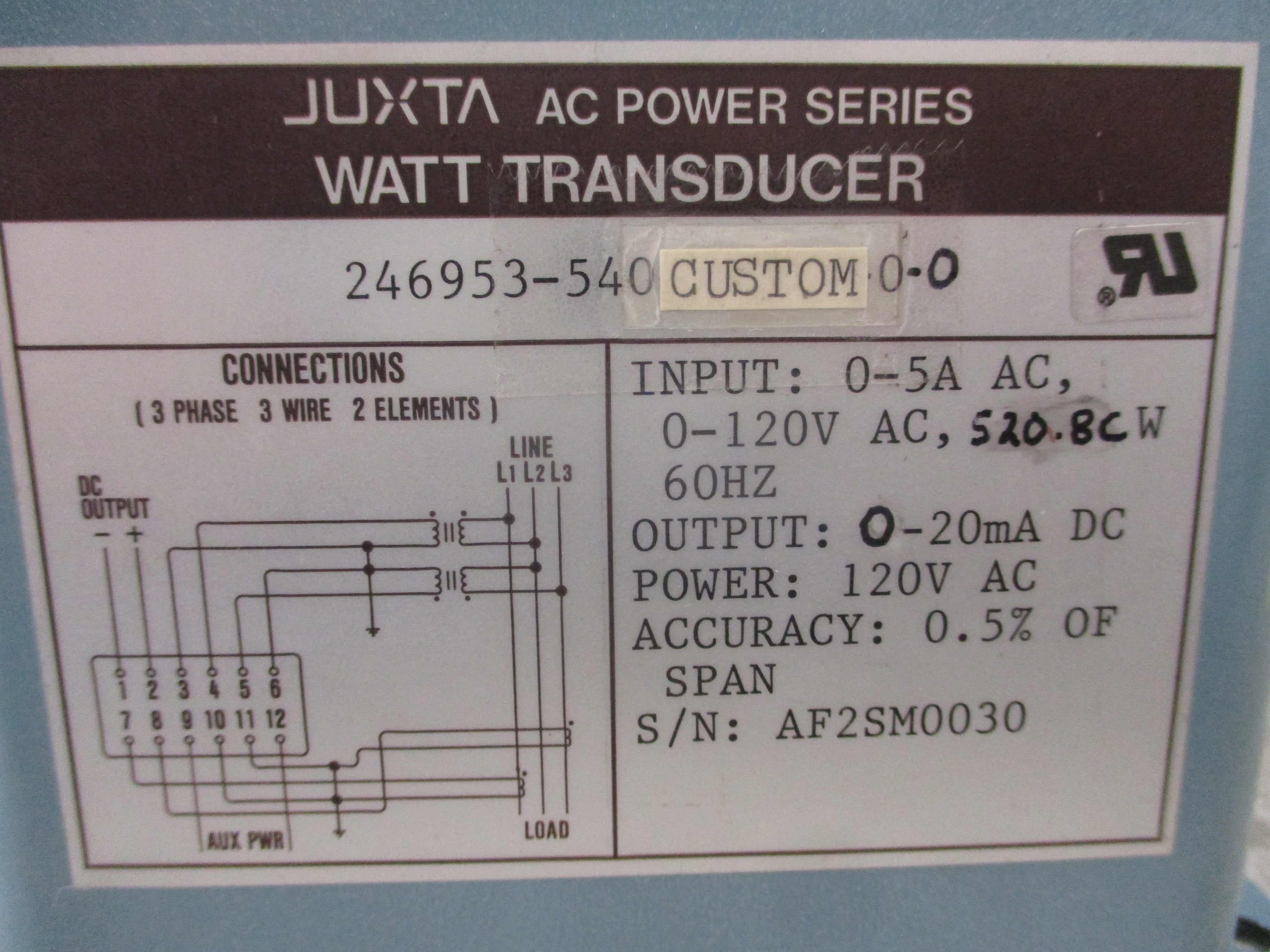 Yokogawa JUXTA Watt Transducer 246953-540CUSTOM0-0 Input: 0-120VAC 0-5A 60Hz