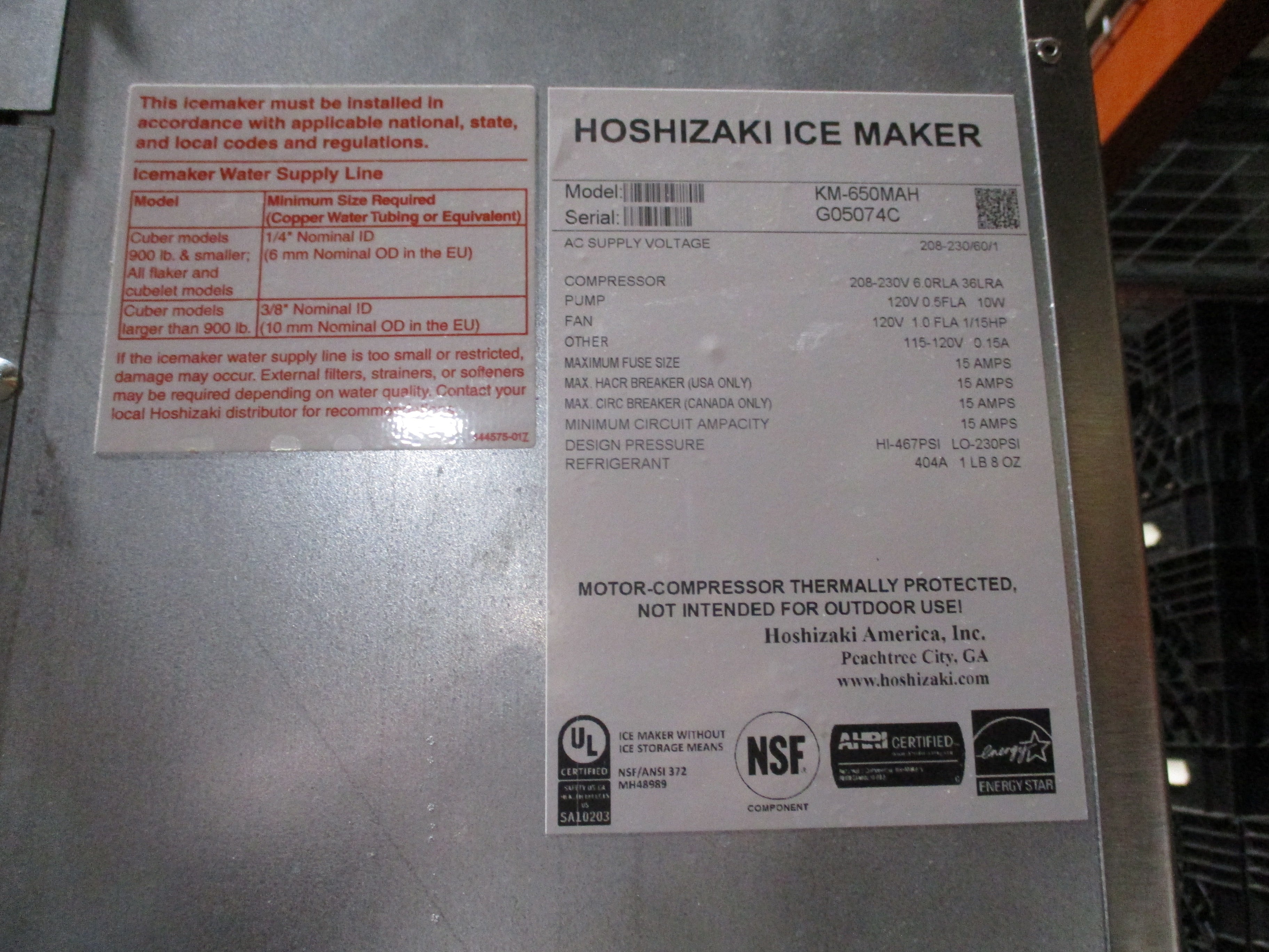 Hoshizaki Ice Maker W/Storage Bin KM-650MAH Supply: 208-230V 60Hz 1Ph