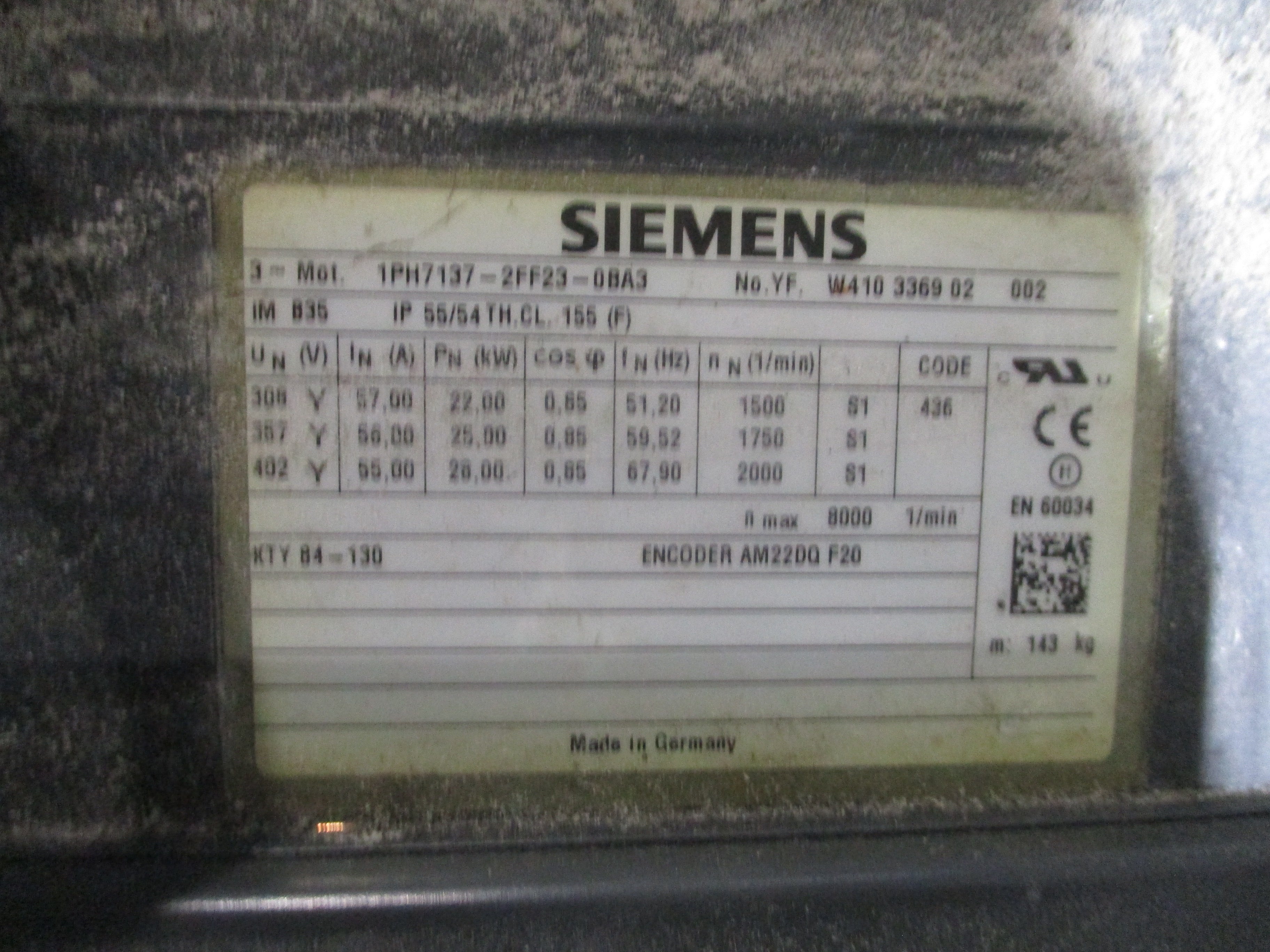 Siemens Motor 1PH7137-2FF23-0BA3 357V 56.00A 25KW 59.52Hz 1800RPM Approx. 30HP