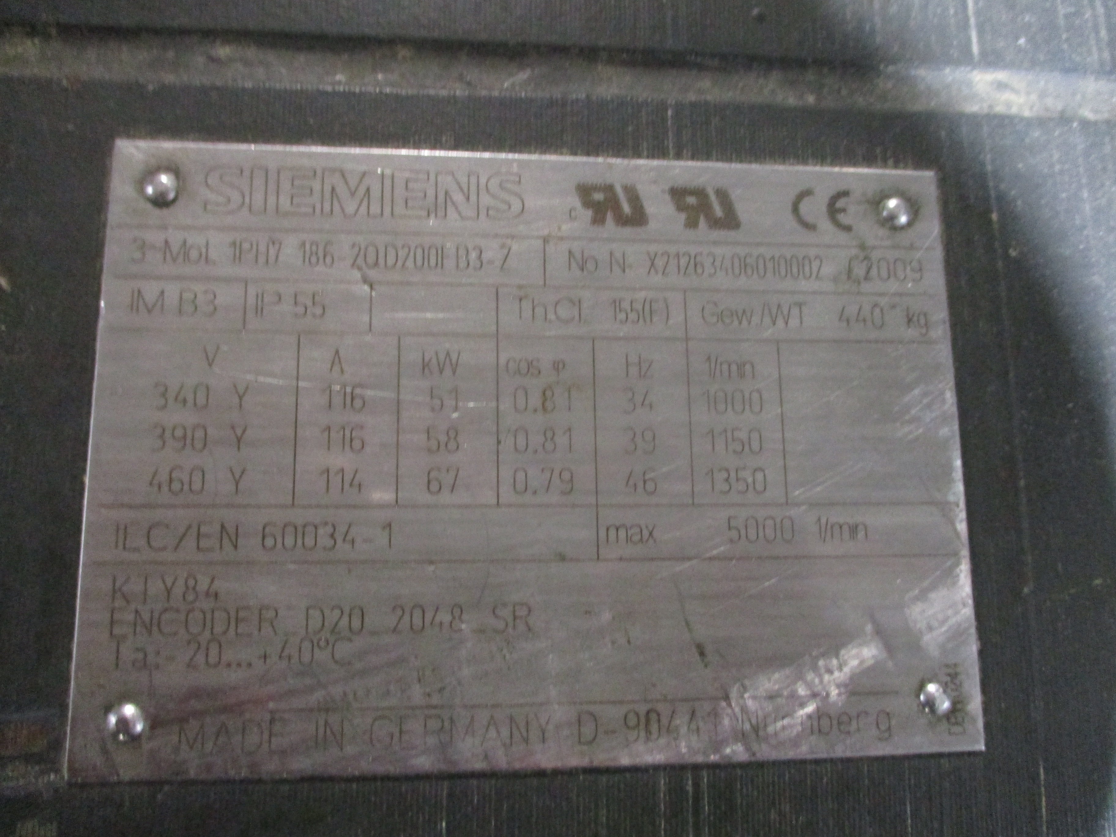 Siemens Motor 1PH7 186-2QD200FB3-Z 460V 114A 67KW 46Hz 1800RPM Approx. 90HP Used