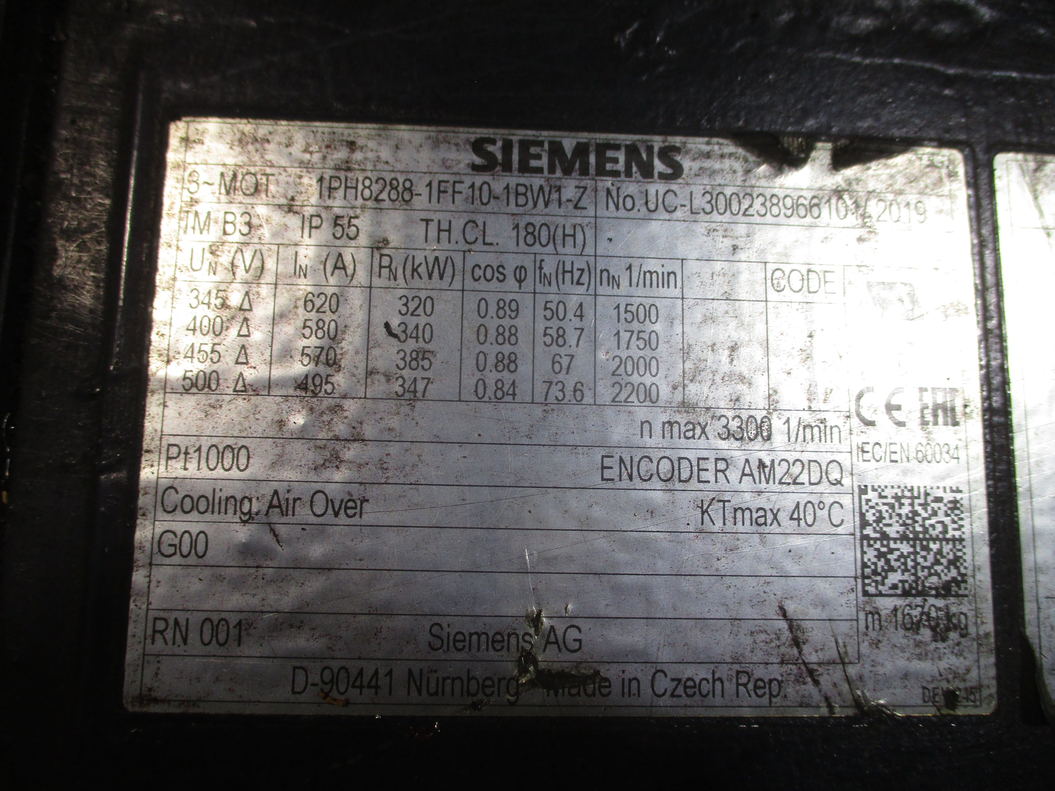 Siemens 1PH8288-1FF10-1BW1-Z 400V 580A 340KW 58.7Hz 1800RPM Approx. 450HP Used