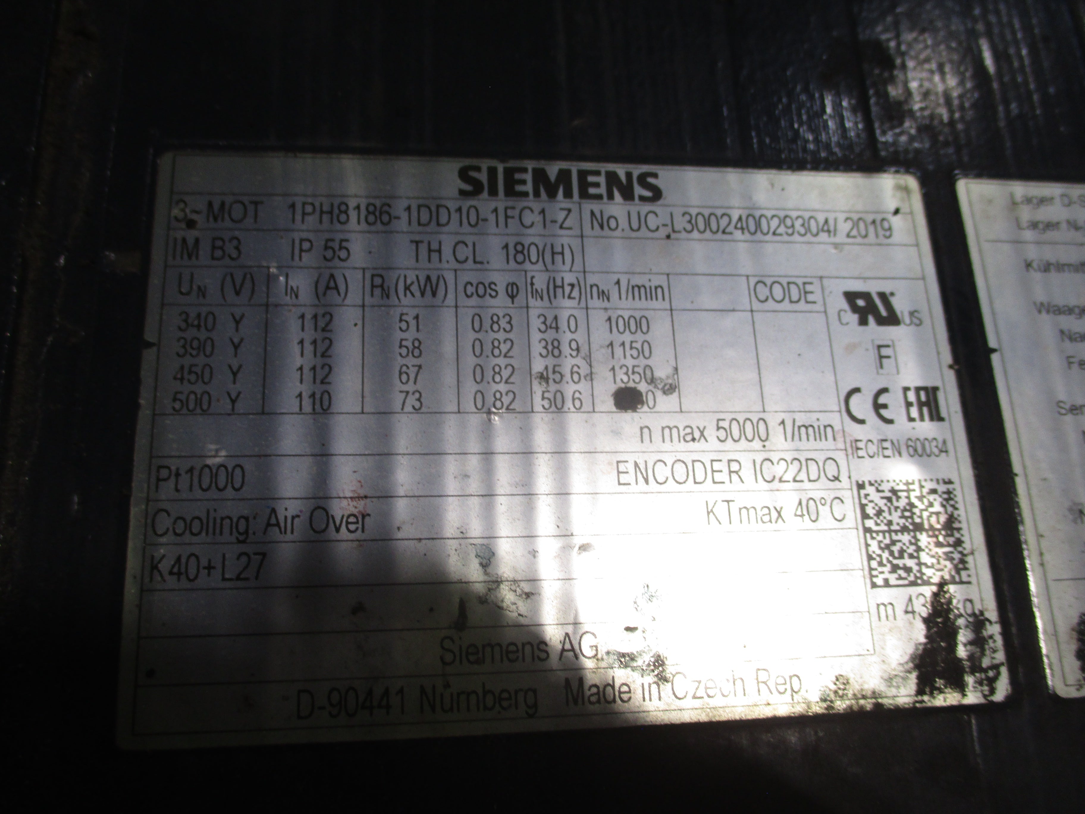 Siemens Motor 1PH8186-1DD10-1FC1-Z 450V 112A 67KW 45.6Hz 1800RPM Appox. 90HP